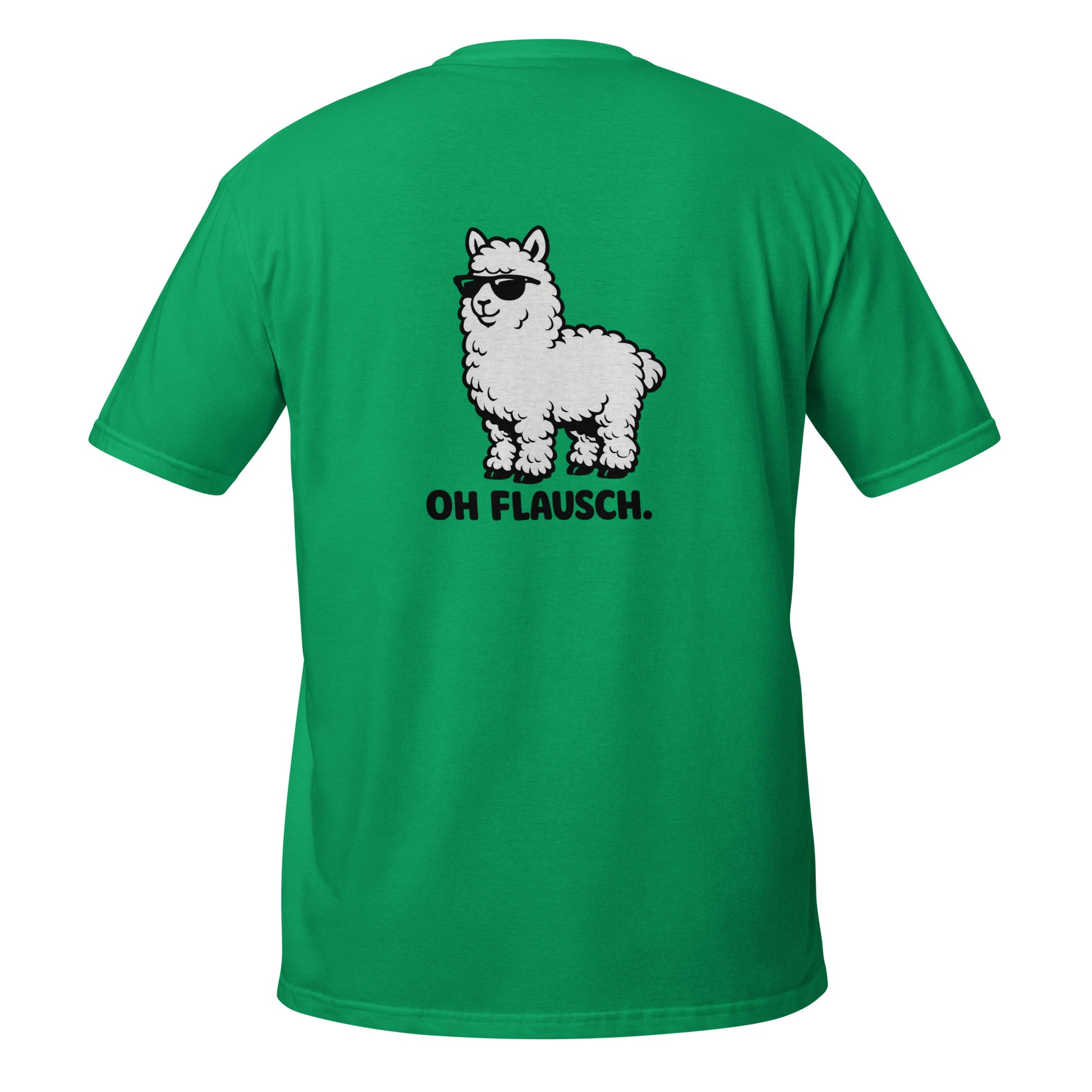 Lustiges Alpaka T-Shirt „Oh Flausch." mit grünem Hintergrund und süßem Alpaka-Motiv.