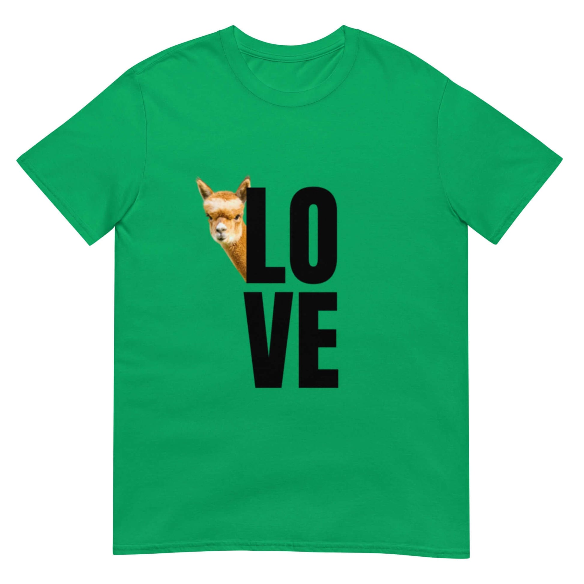 Alpaka Shirt „Love“ mit Franzl – Süßes Lama Motiv T-Shirt Unisex in grünem Design.