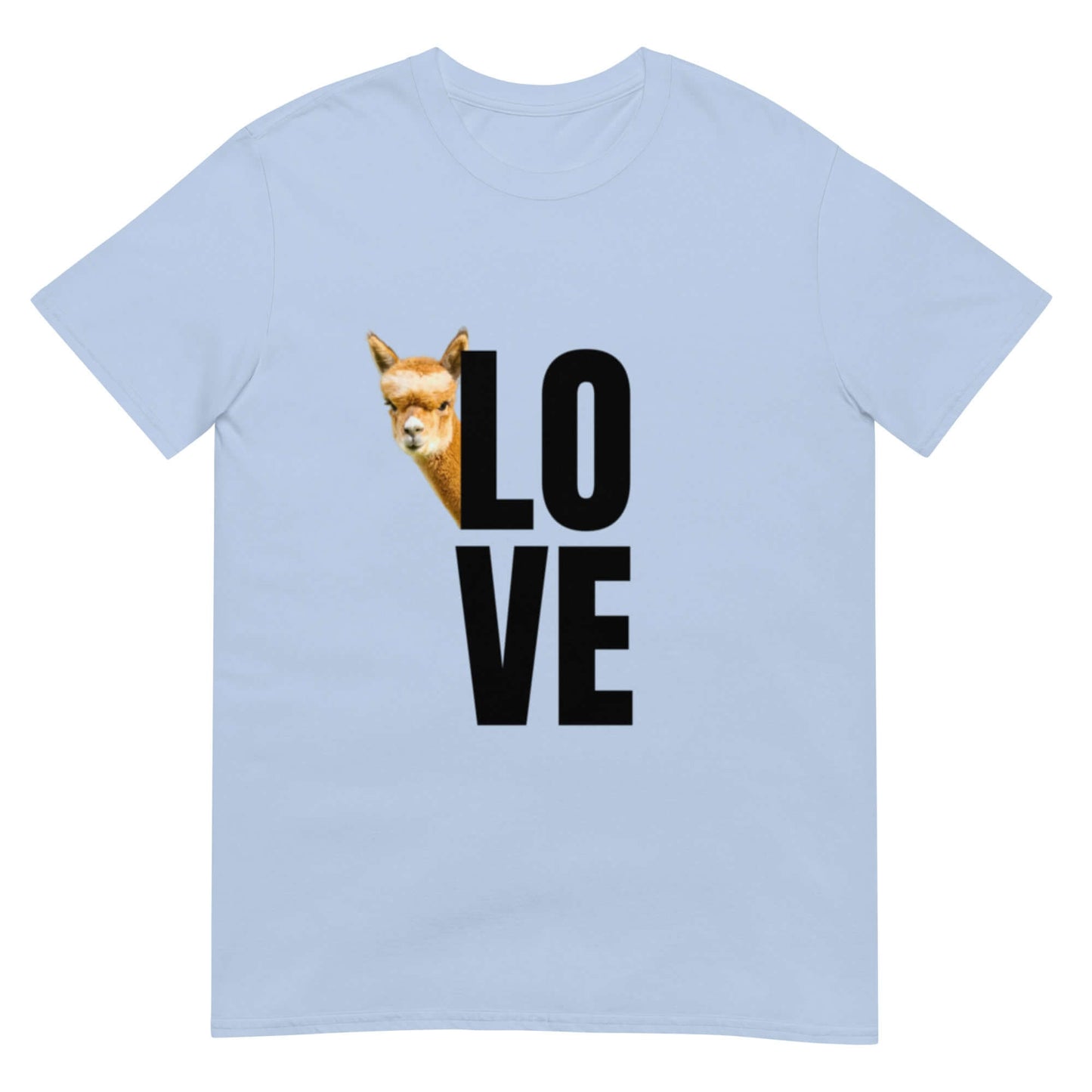 Alpaka Shirt Love mit einem frechen Lama Motiv auf hellblauem T-Shirt, ideal für Tierliebhaber.