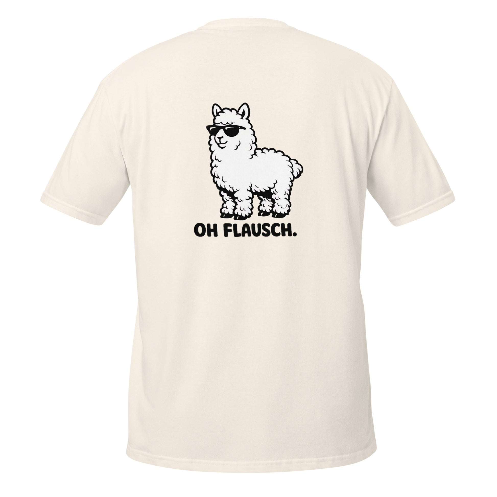 Lustiges Alpaka T-Shirt mit lustigem Alpaka-Print und Spruch "OH FLAUSCH" auf der Rückseite.
