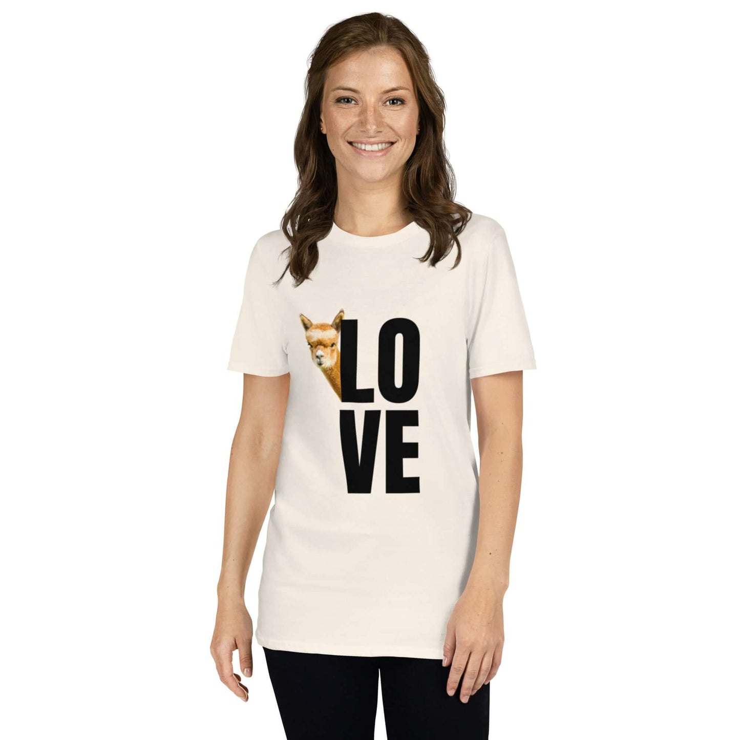 Alpaka Shirt Love mit Franzl, unisex T-Shirt mit Lama und Love Aufdruck, ideal für Tierliebhaber.