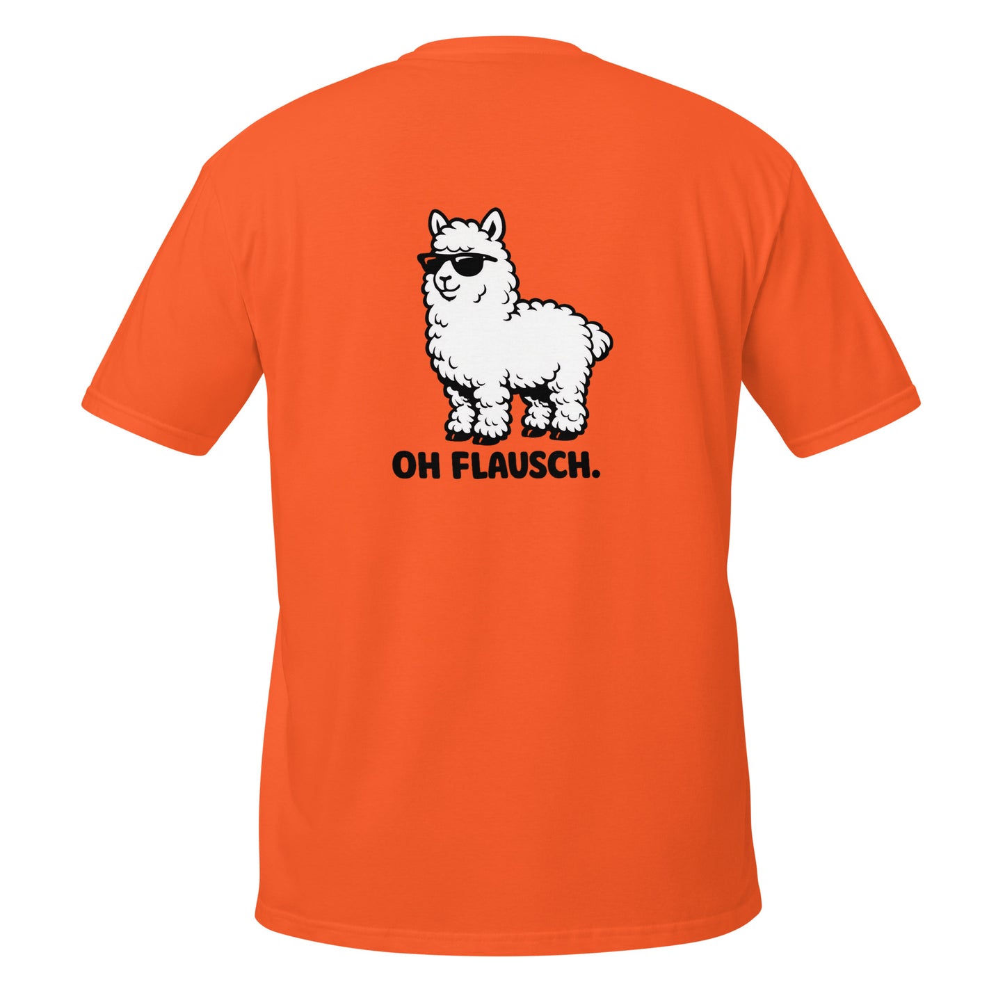 Lustiges Alpaka T-Shirt mit dem Spruch 'Oh Flausch.' und einem coolen Alpaka Motiv auf der Rückseite.
