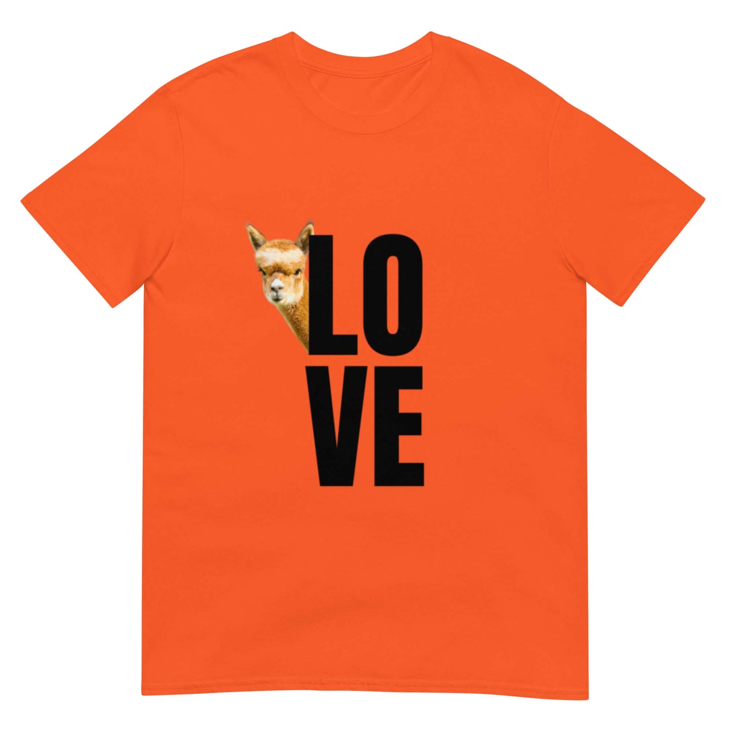 Alpaka Shirt Love mit Franzl – Süßes Lama Motiv auf orangefarbener Unisex T-Shirt Vorderseite.