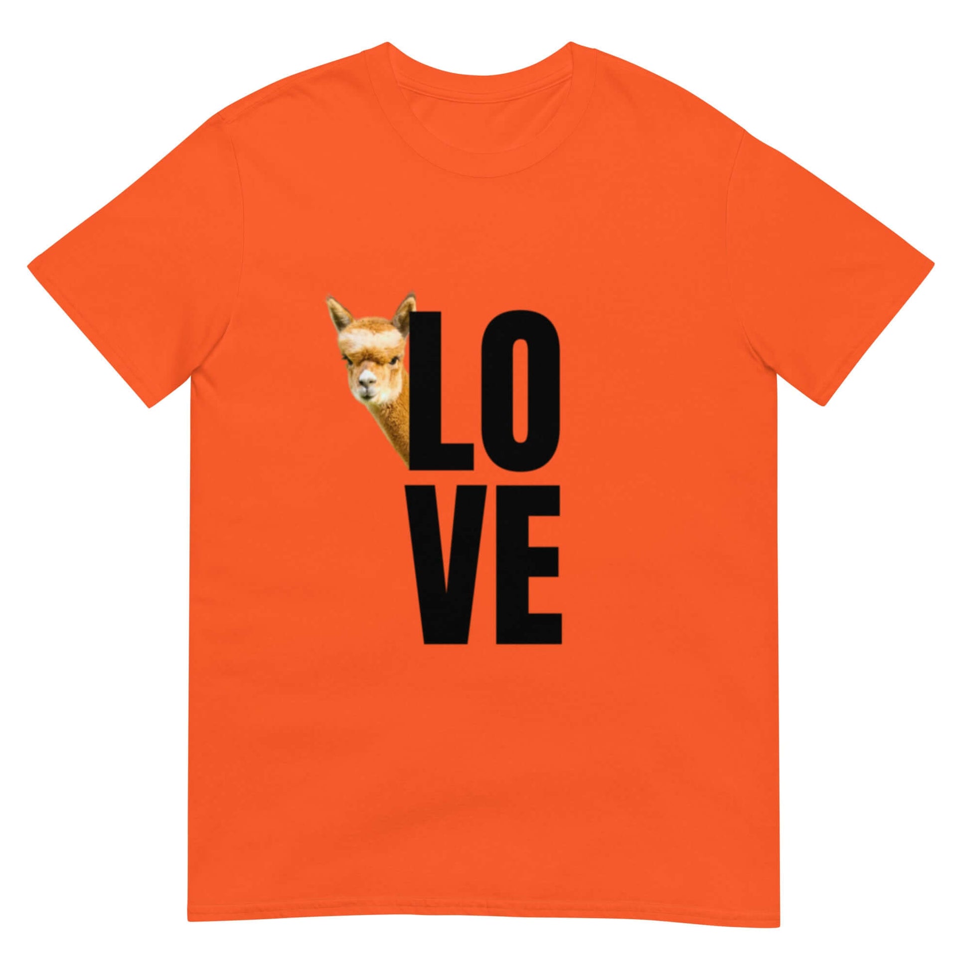 Alpaka Shirt Love mit Franzl – Süßes Lama Motiv auf orangefarbener Unisex T-Shirt Vorderseite.
