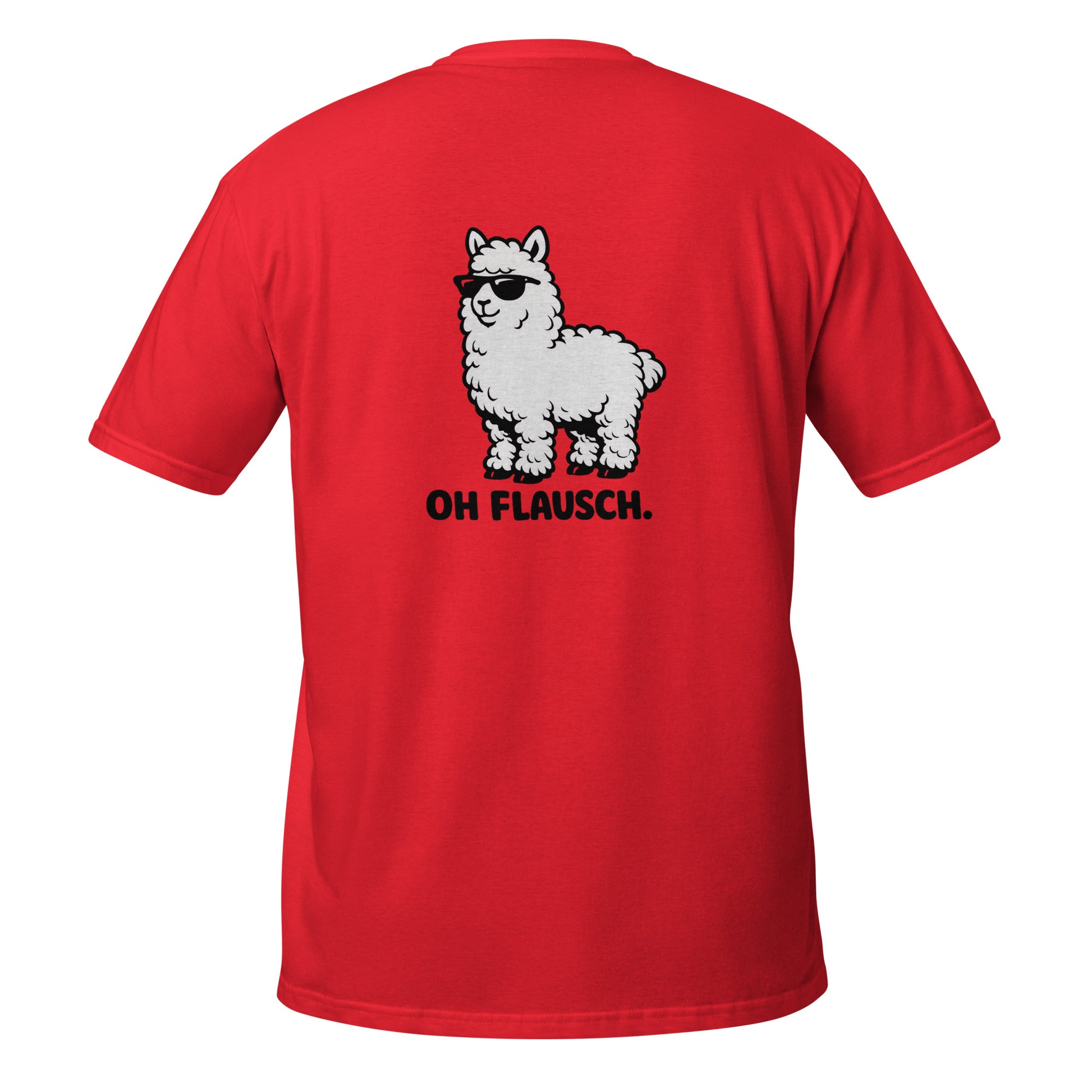 Lustiges Alpaka T-Shirt mit rotem Hintergrund und schwarzem Alpaka Druck "Oh Flausch" auf der Rückseite.