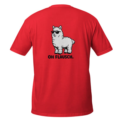 Lustiges Alpaka T-Shirt mit rotem Hintergrund und schwarzem Alpaka Druck "Oh Flausch" auf der Rückseite.