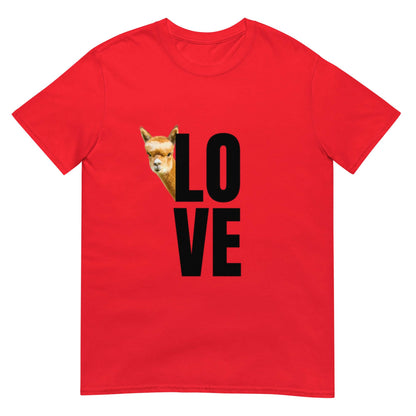 Alpaka Shirt Love mit Franzl – Unisex T-Shirt mit süßem Lama Motiv in Rot