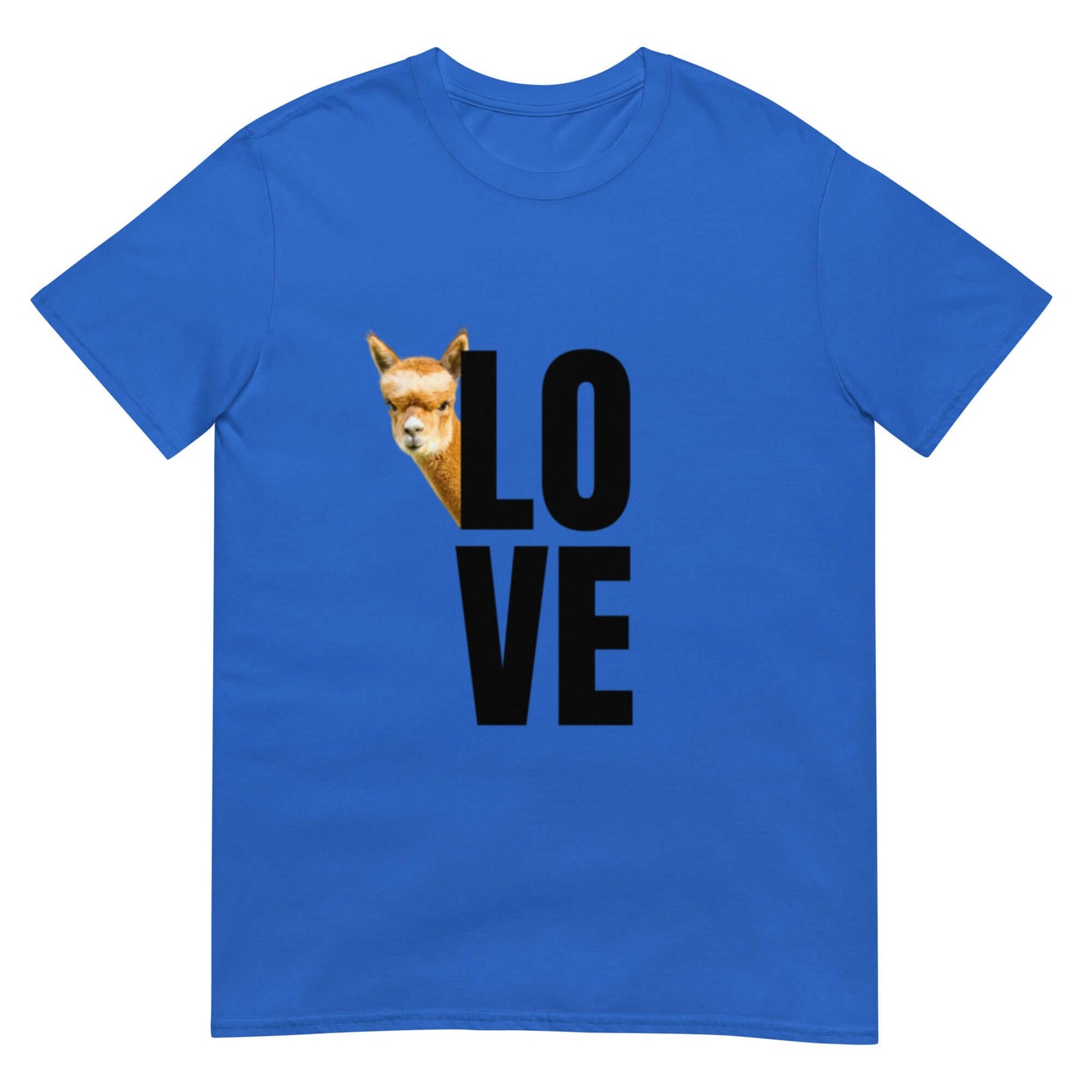 Alpaka Shirt Love mit lustigem Lama Motiv auf blauem T-Shirt für Unisex.