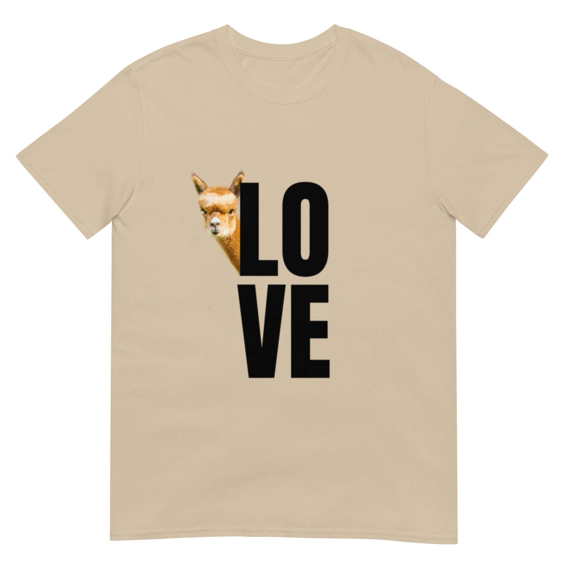Alpaka Shirt Love mit Franzl, süßes Lama Motiv auf T-Shirt in Beige.