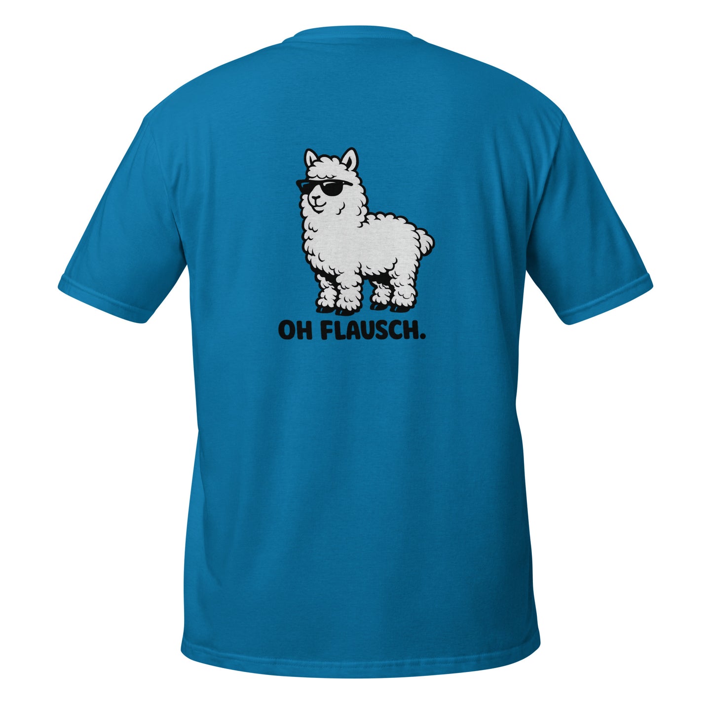 Lustiges Alpaka T-Shirt mit Oh Flausch Aufdruck und niedlichem Alpaka Motiv auf der Rückseite.