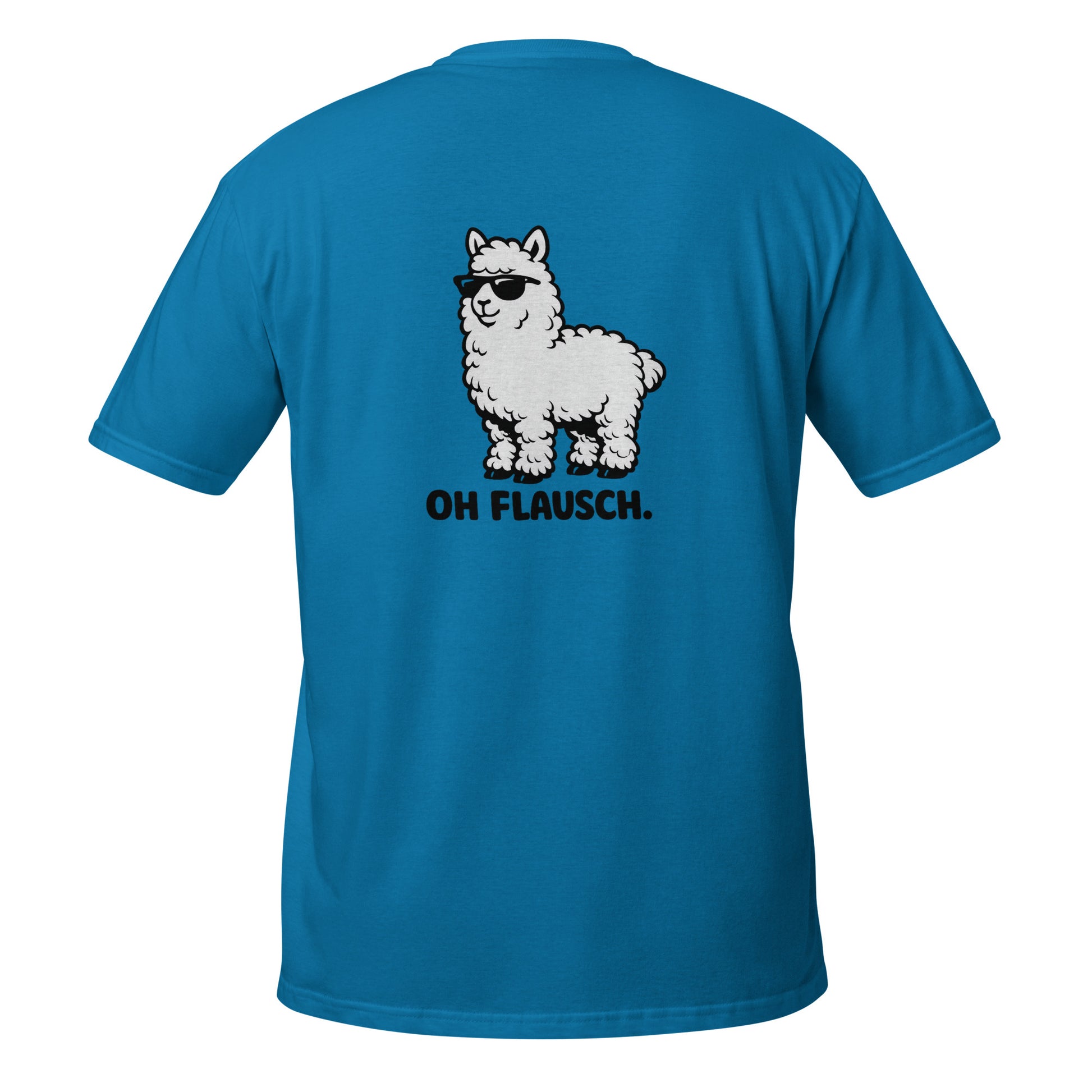 Lustiges Alpaka T-Shirt mit Oh Flausch Aufdruck und niedlichem Alpaka Motiv auf der Rückseite.