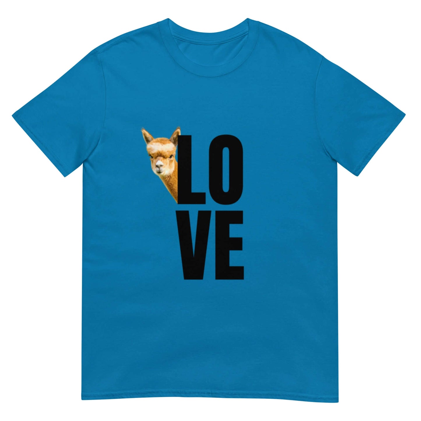 Alpaka Shirt Love mit süßem Lama Motiv und romantischem 'Love' Druck auf blauem T-Shirt
