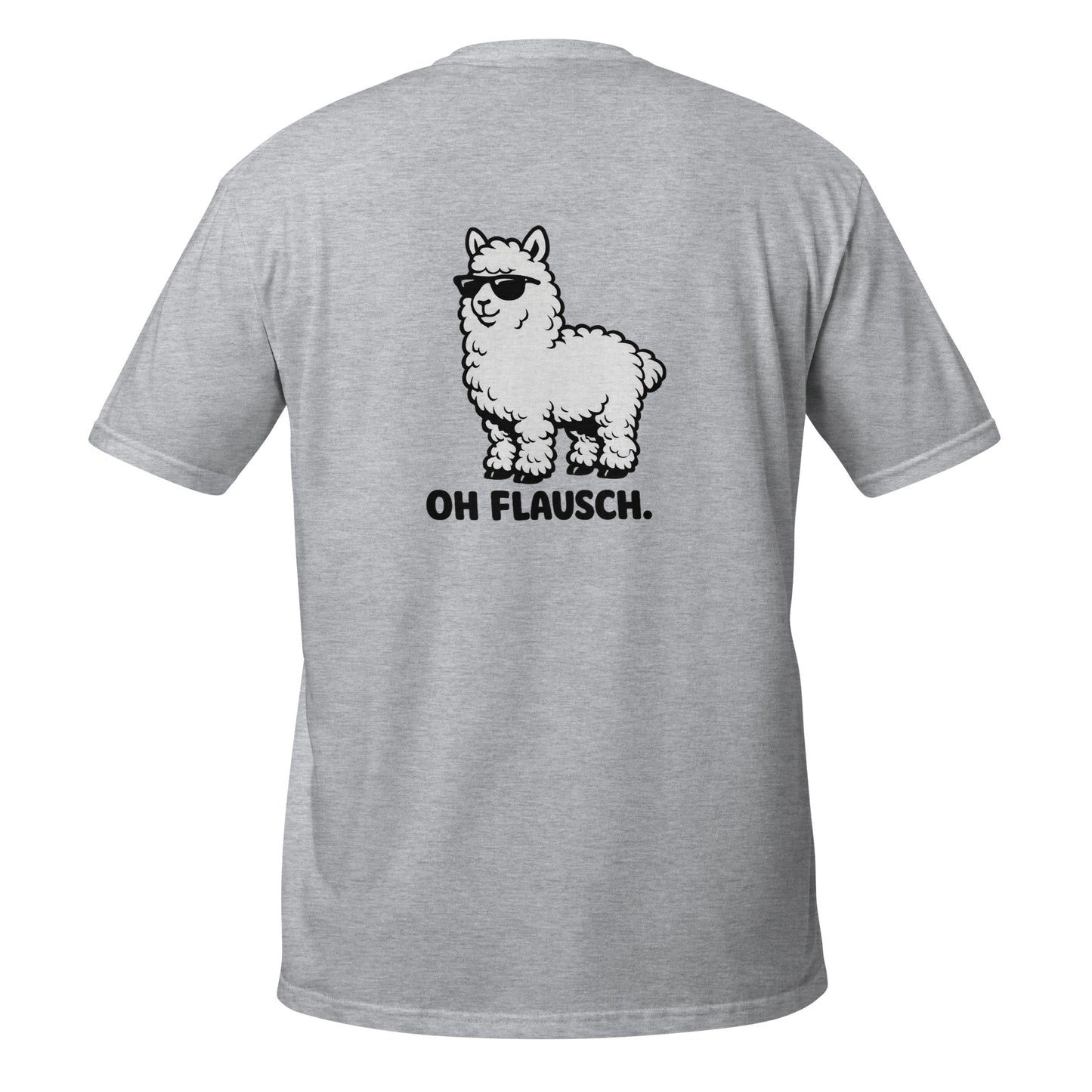 Lustiges Alpaka T-Shirt mit Hund auf der Rückseite und dem Spruch "OH FLAUSCH." in Schwarz.