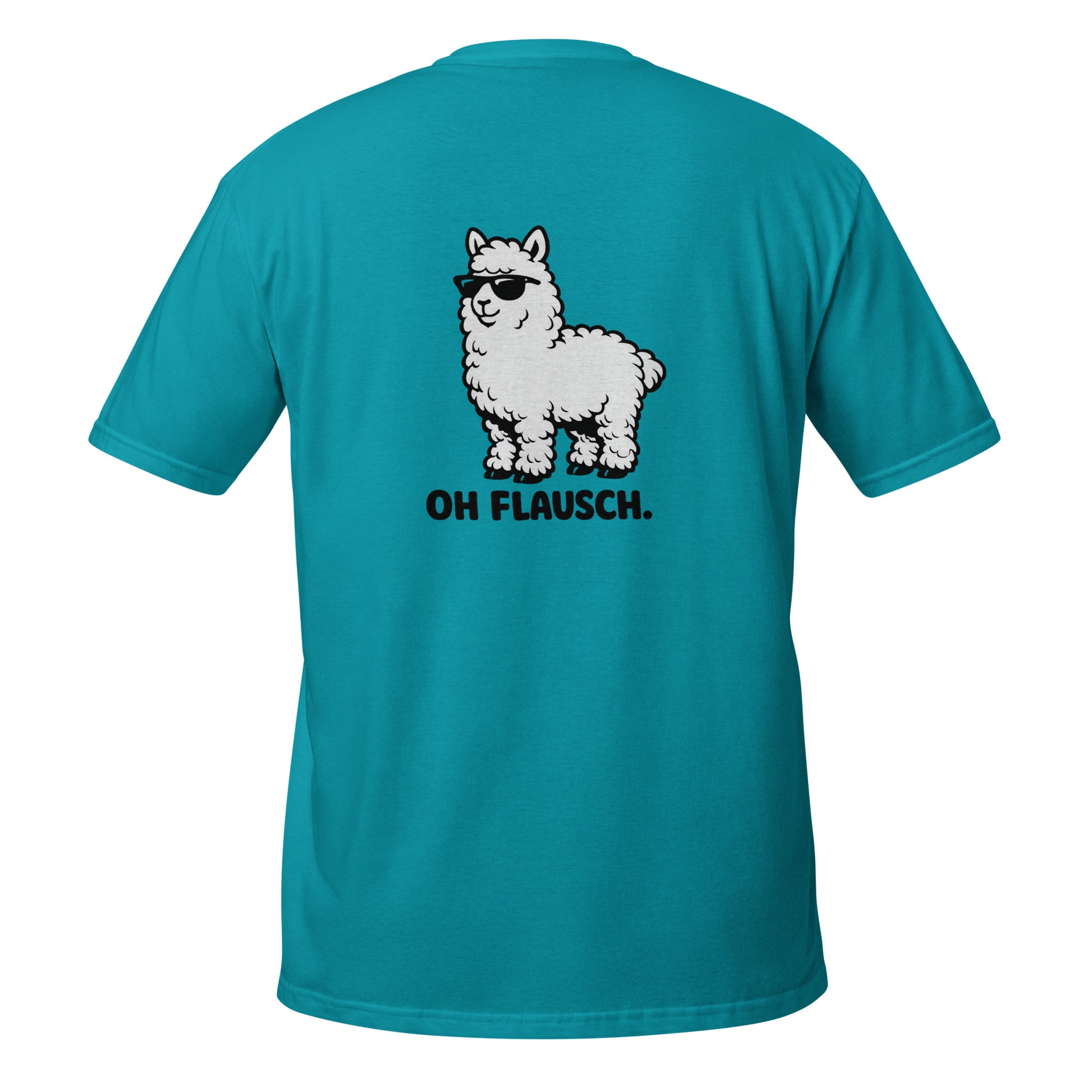 Lustiges Alpaka T-Shirt mit witzigem Alpaka-Print und Spruch "OH FLAUSCH." auf dem Rücken