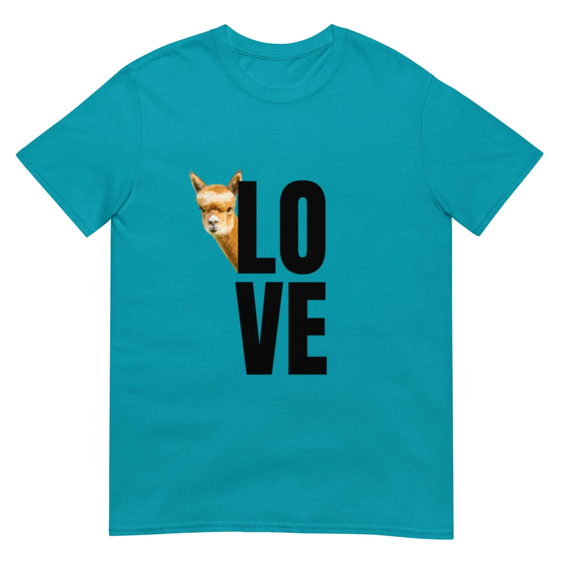 Alpaka Shirt „Love“ mit Franzl – Süßes Lama Motiv T-Shirt Unisex in Türkis