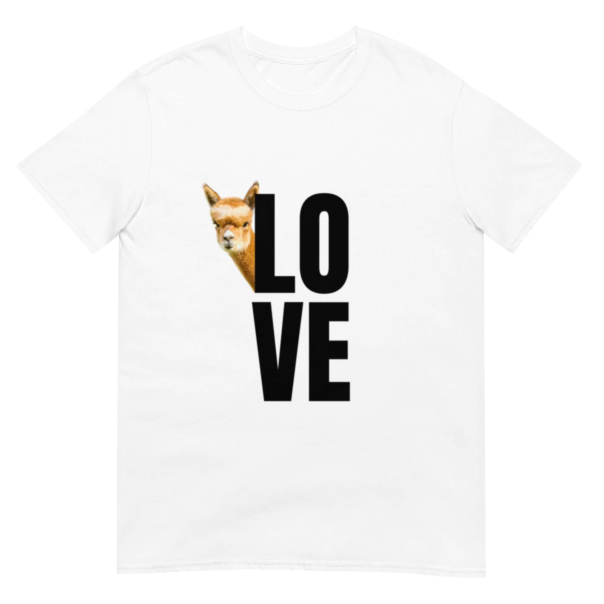 Alpaka Shirt Love mit süßem Lama Motiv und Schriftzug "LOVE" auf hellem T-Shirt.