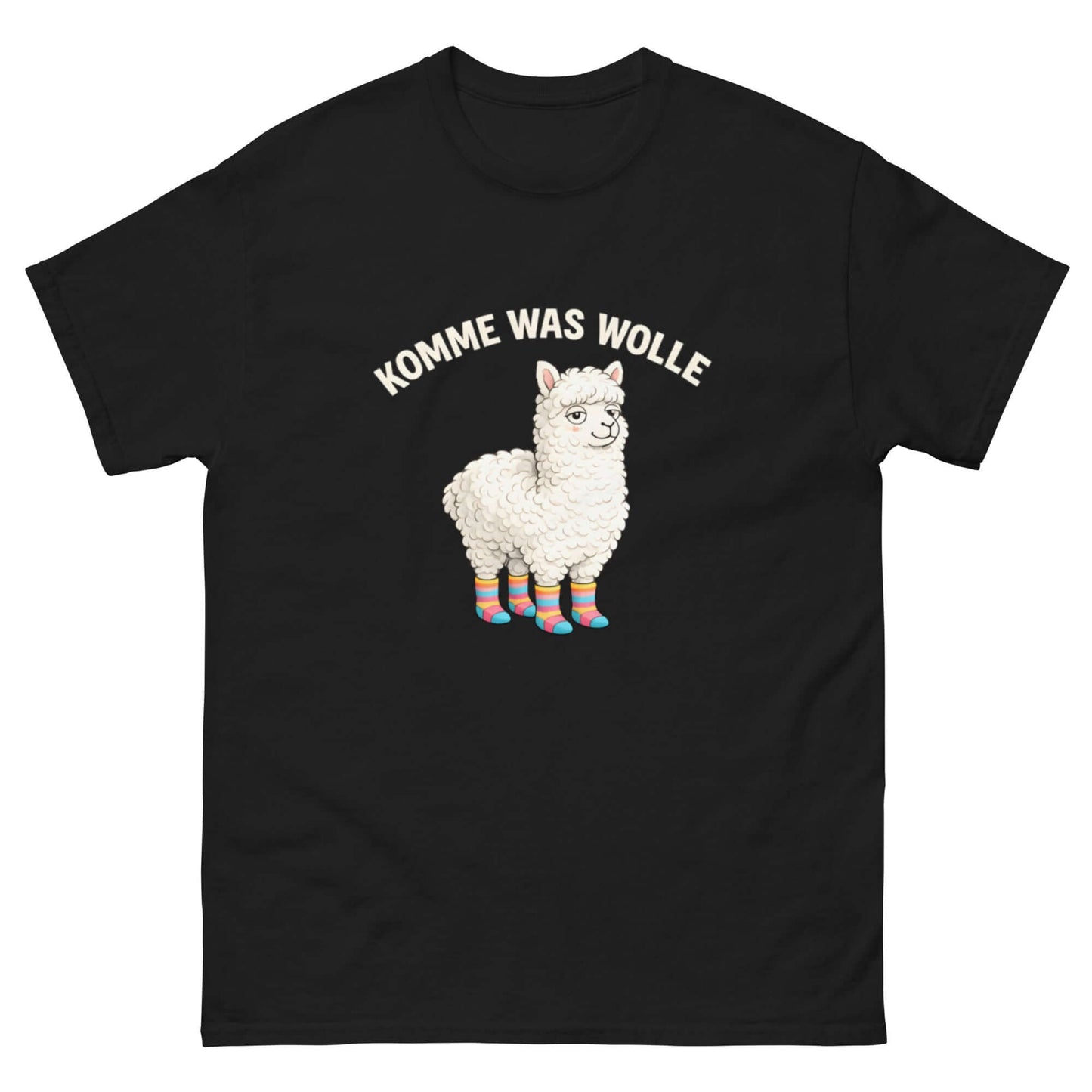 Lustiges Cartoon T-Shirt mit Alpaka und dem Spruch 'Komme was Wolle' für Tierliebhaber.