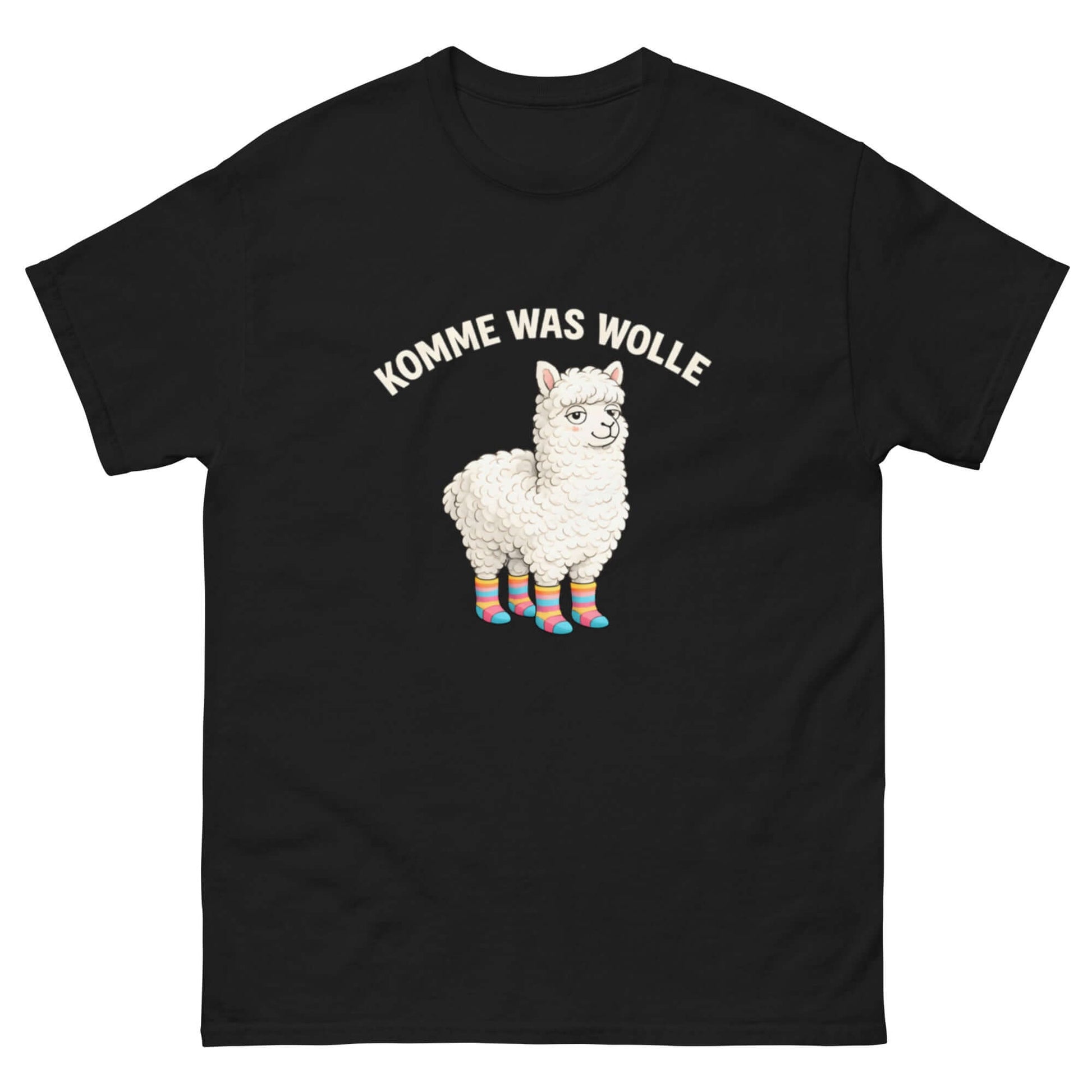 Lustiges Cartoon T-Shirt mit Alpaka und dem Spruch 'Komme was Wolle' für Tierliebhaber.