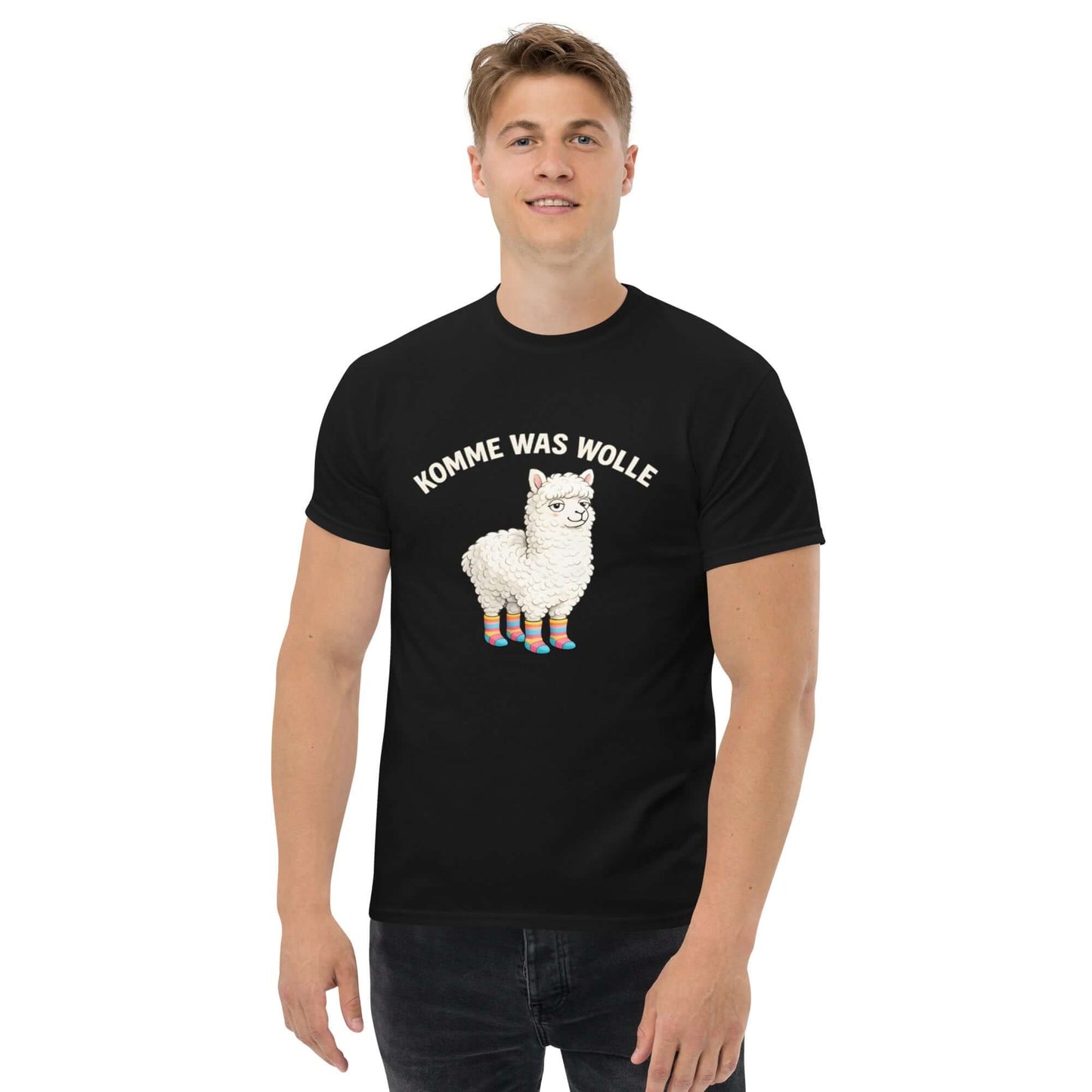 Lustiges Alpaka Cartoon T-Shirt „Komme was Wolle“ mit humorvollem Design für Tierliebhaber. Cartoon T-Shirt.