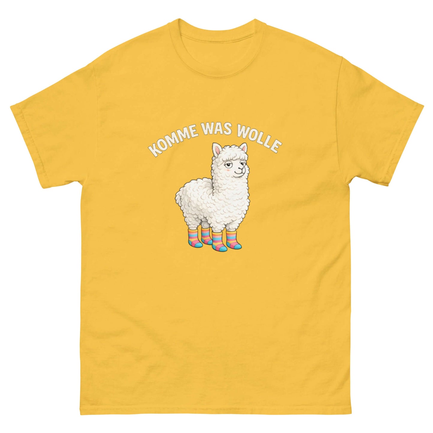 Lustiges Cartoon T-Shirt mit Alpaka und dem Spruch 'Komme was Wolle' in Gelb für Tierliebhaber.