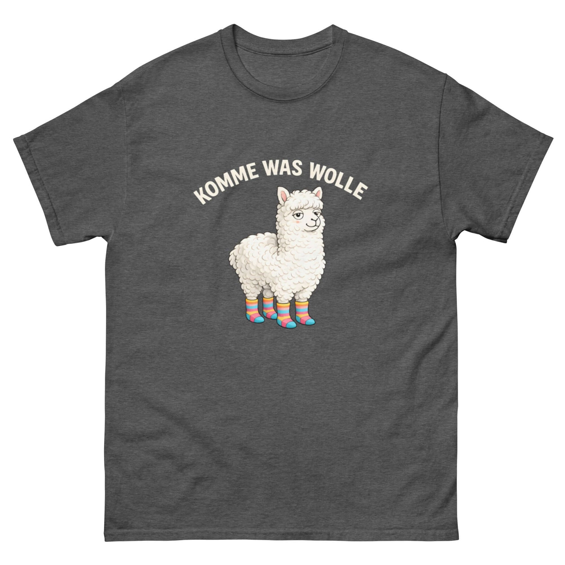 Lustiges Alpaka Cartoon T-Shirt mit dem Spruch "Komme was Wolle" für Tierliebhaber.