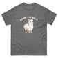 Lustiges Alpaka Cartoon T-Shirt „Komme was Wolle“ auf grauem Hintergrund, ideal für Tierliebhaber und Humor-Fans.