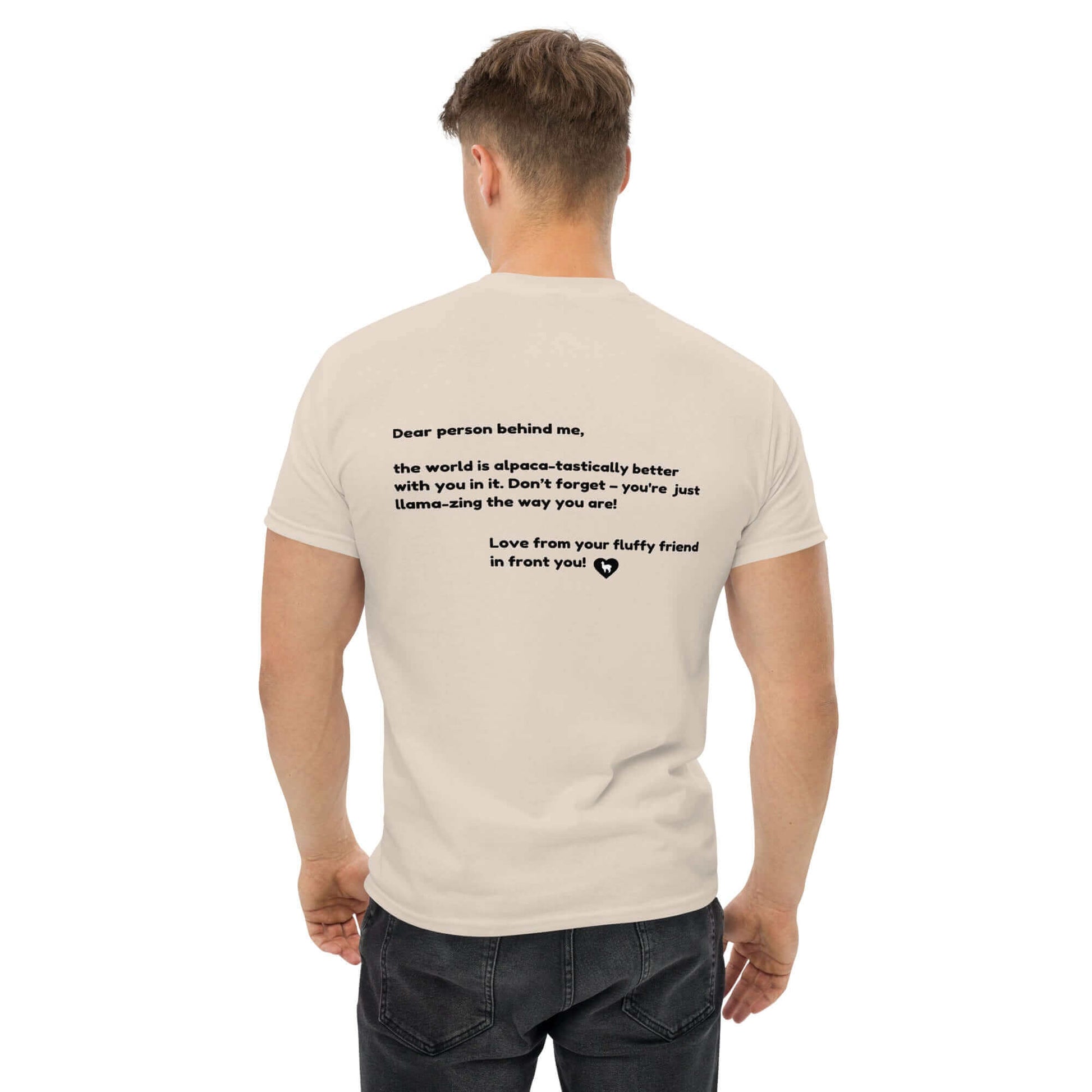 Unisex T-Shirt mit inspirierendem Spruch und Alpaka-Design von hinten – Perfekt für Mental Health Befürworter und Alpaka-Fans.