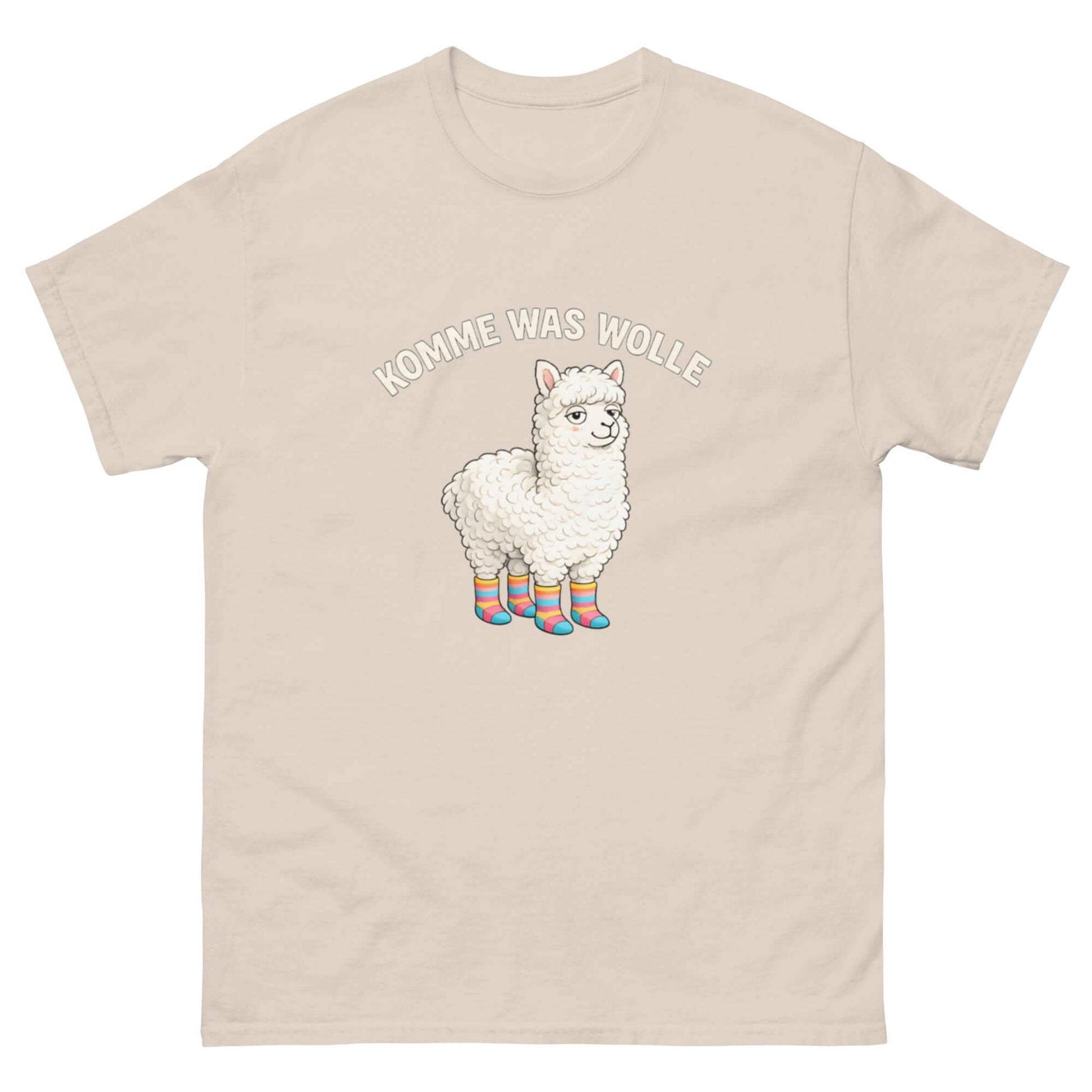 Lustiges Cartoon T-Shirt mit Alpaka und Spruch „Komme was Wolle“, ideal für Tierliebhaber und Alpaka-Fans.
