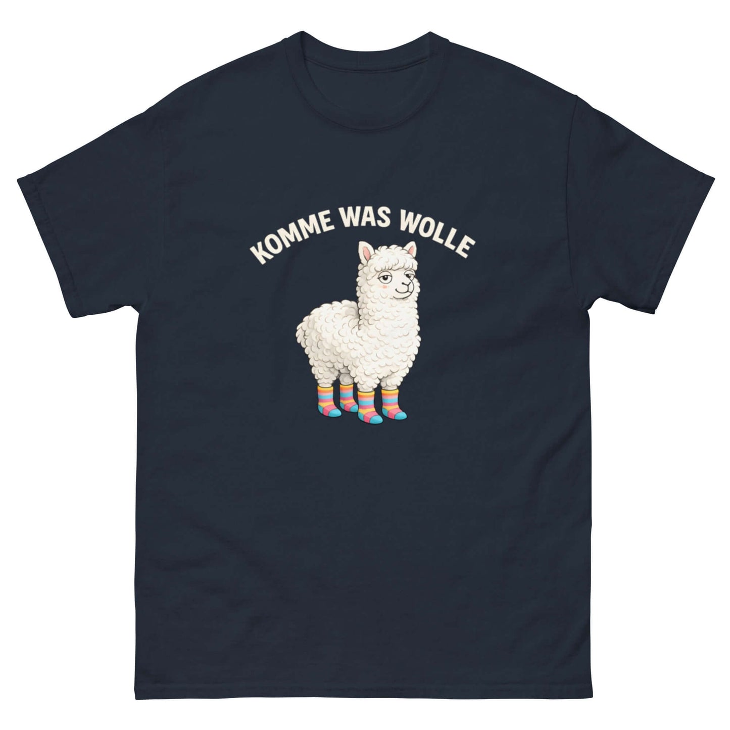 Lustiges Cartoon T-Shirt mit Alpaka-Design und dem Spruch „Komme was Wolle“, ideal für Tierliebhaber.