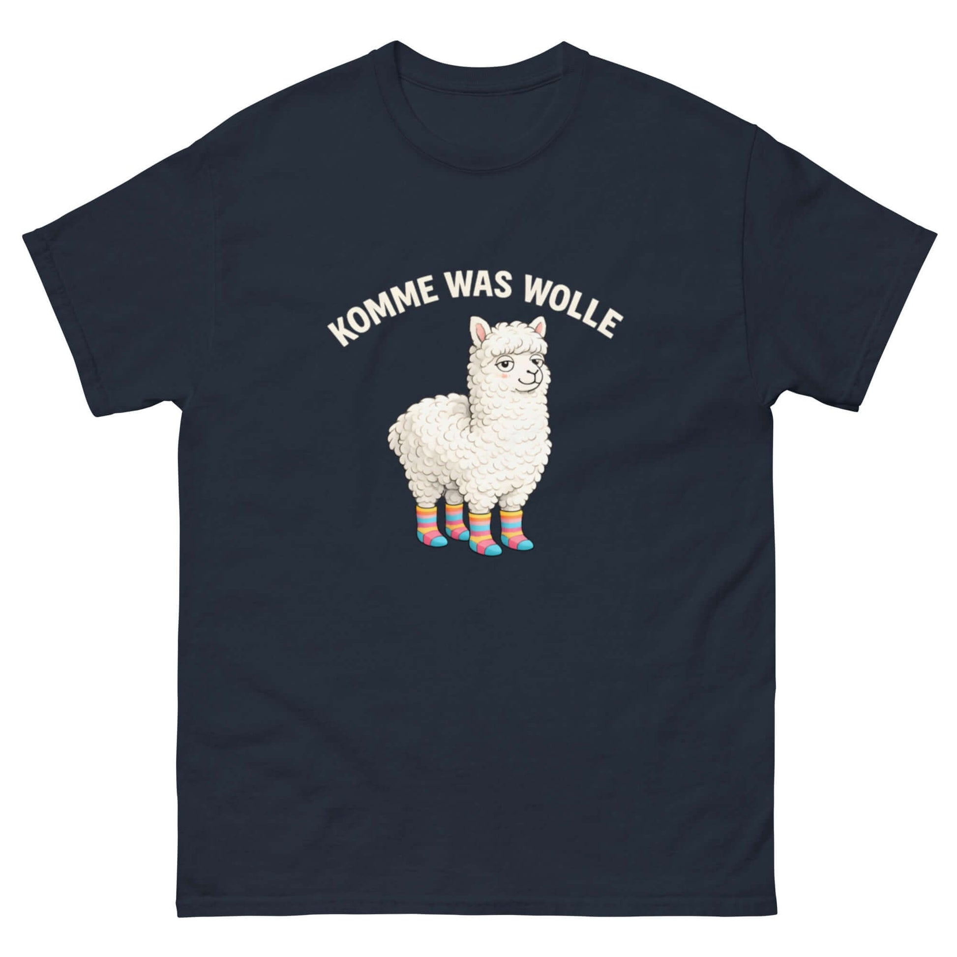 Lustiges Cartoon T-Shirt mit Alpaka-Design und dem Spruch „Komme was Wolle“, ideal für Tierliebhaber.