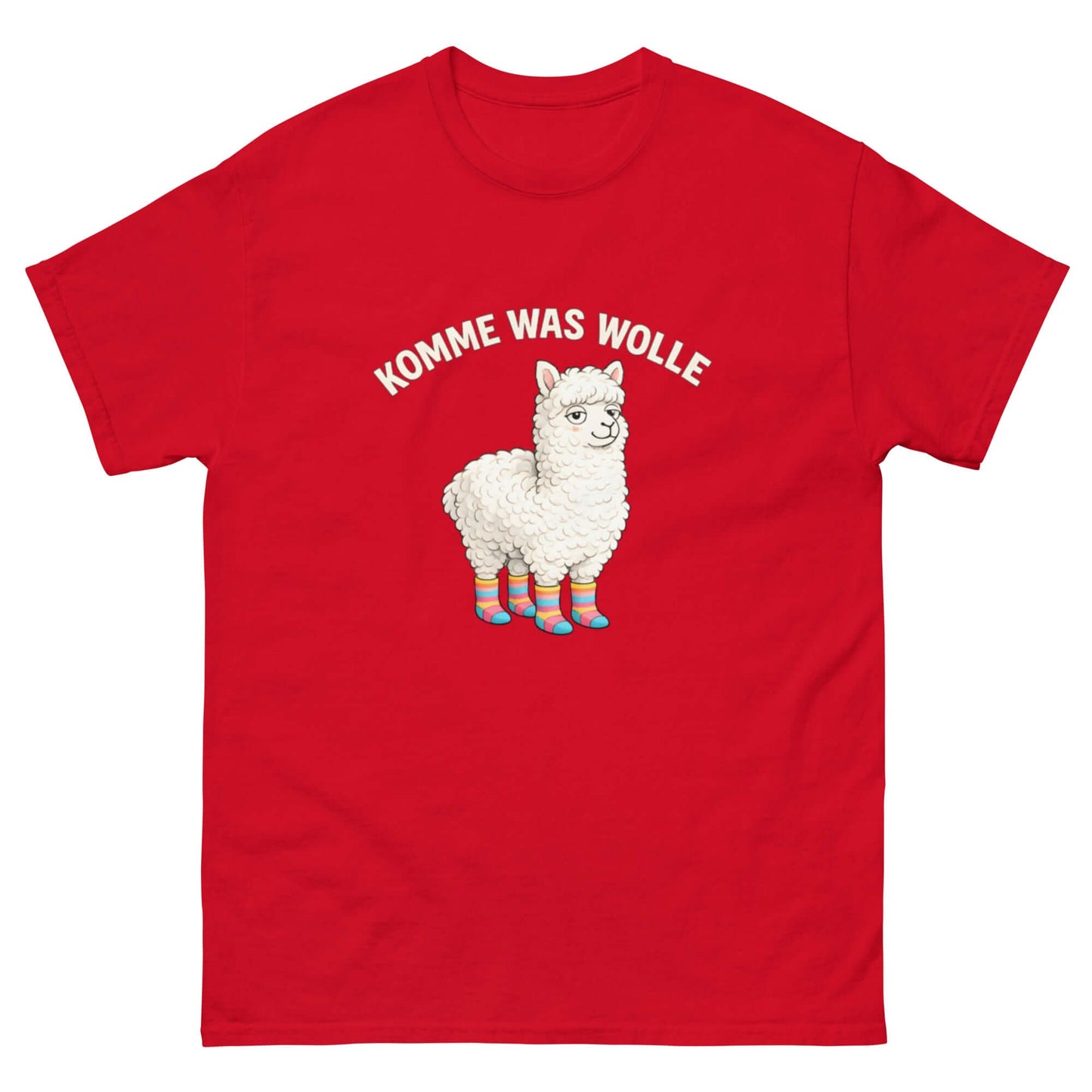 Lustiges Cartoon T-Shirt mit Alpaka und dem Spruch "Komme was Wolle" auf rotem Hintergrund.