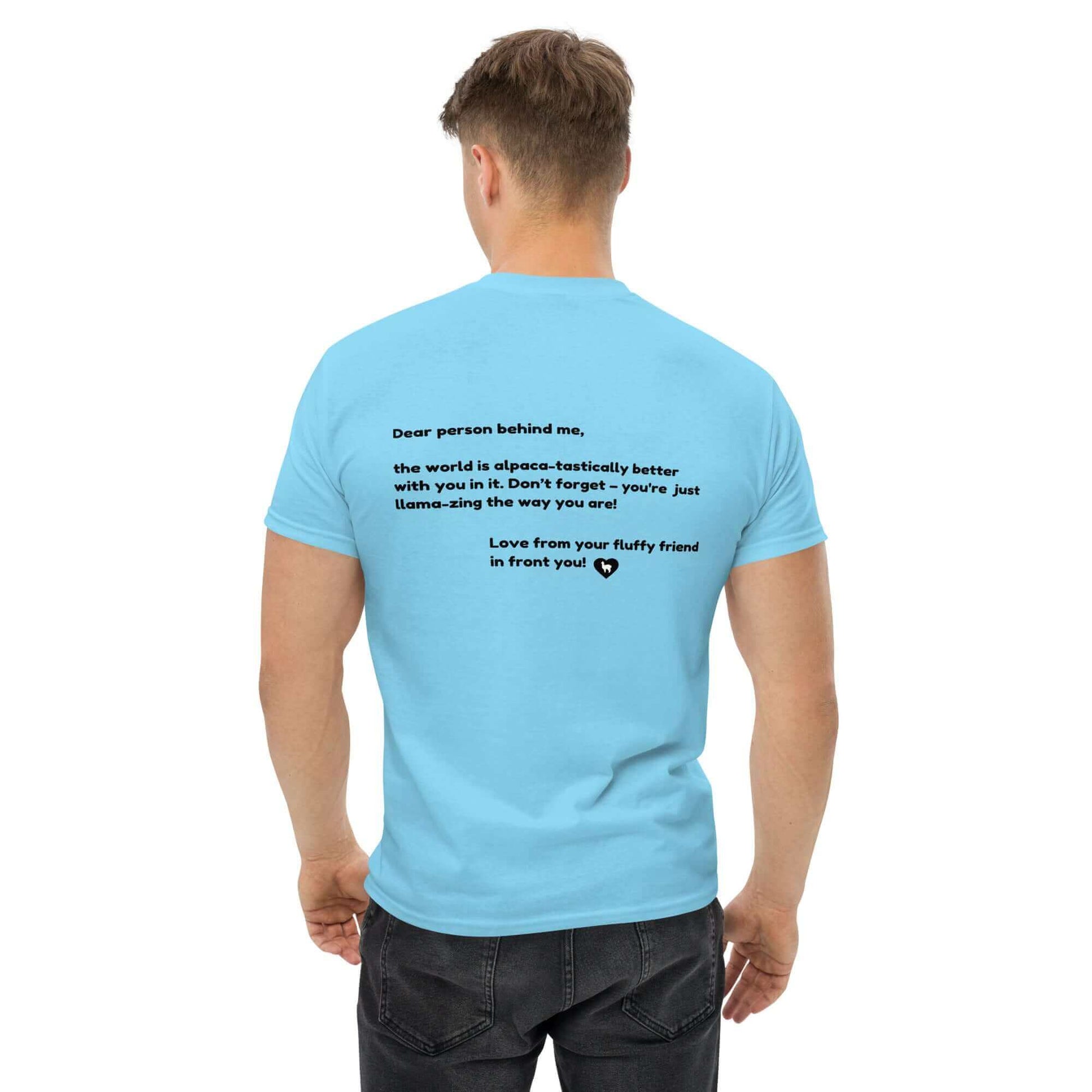 Unisex T-Shirt mit lustigem Alpaka-Spruch, hinten bedruckt, in blau, für Alpaka-Fans und Mental Health-Befürworter - Lustige Alpaka Produkte kaufen