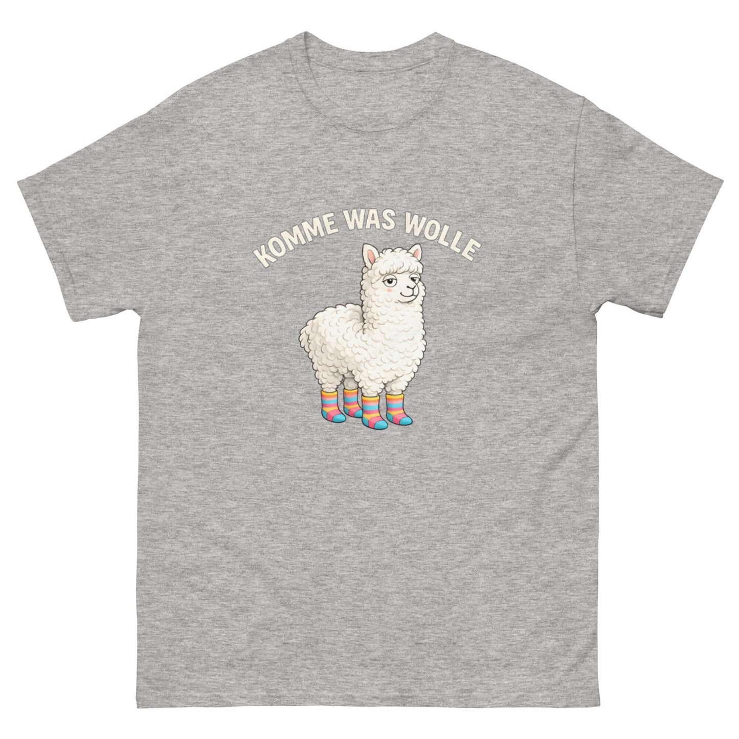 Lustiges Alpaka Cartoon T-Shirt „Komme was Wolle“ mit humorvollem Design für Alpaka-Fans. Cartoon T-Shirt.