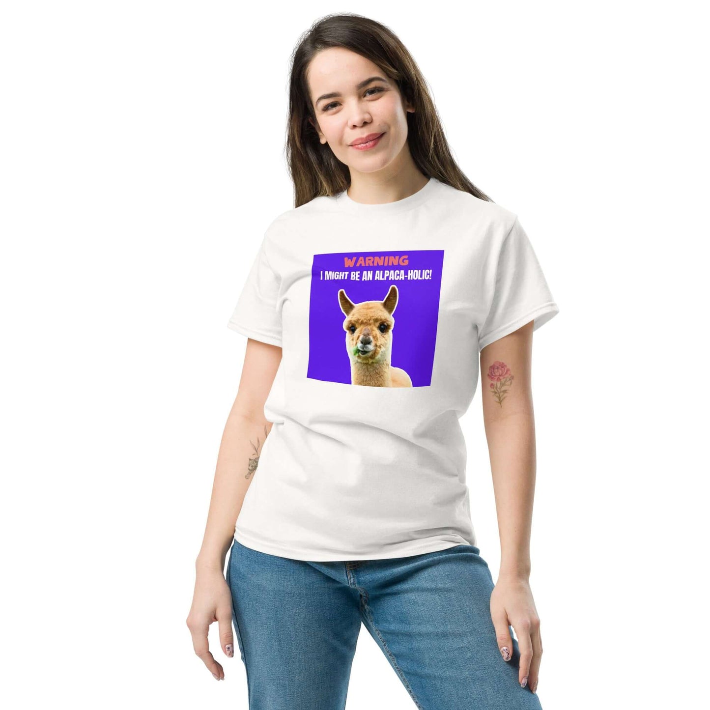 Humorvolles Alpaka T-Shirt mit Baby-Alpaka Greta, aus 100 % Baumwolle, in verschiedenen Farben und Größen