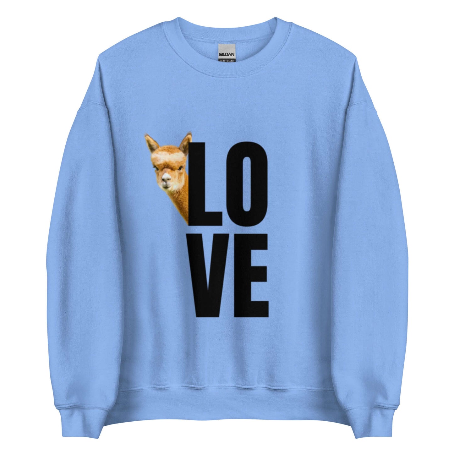 Alpaka Pullover LOVE in hellblau mit Alpaka Franzl, der neugierig aus dem Design hervorschaut.
