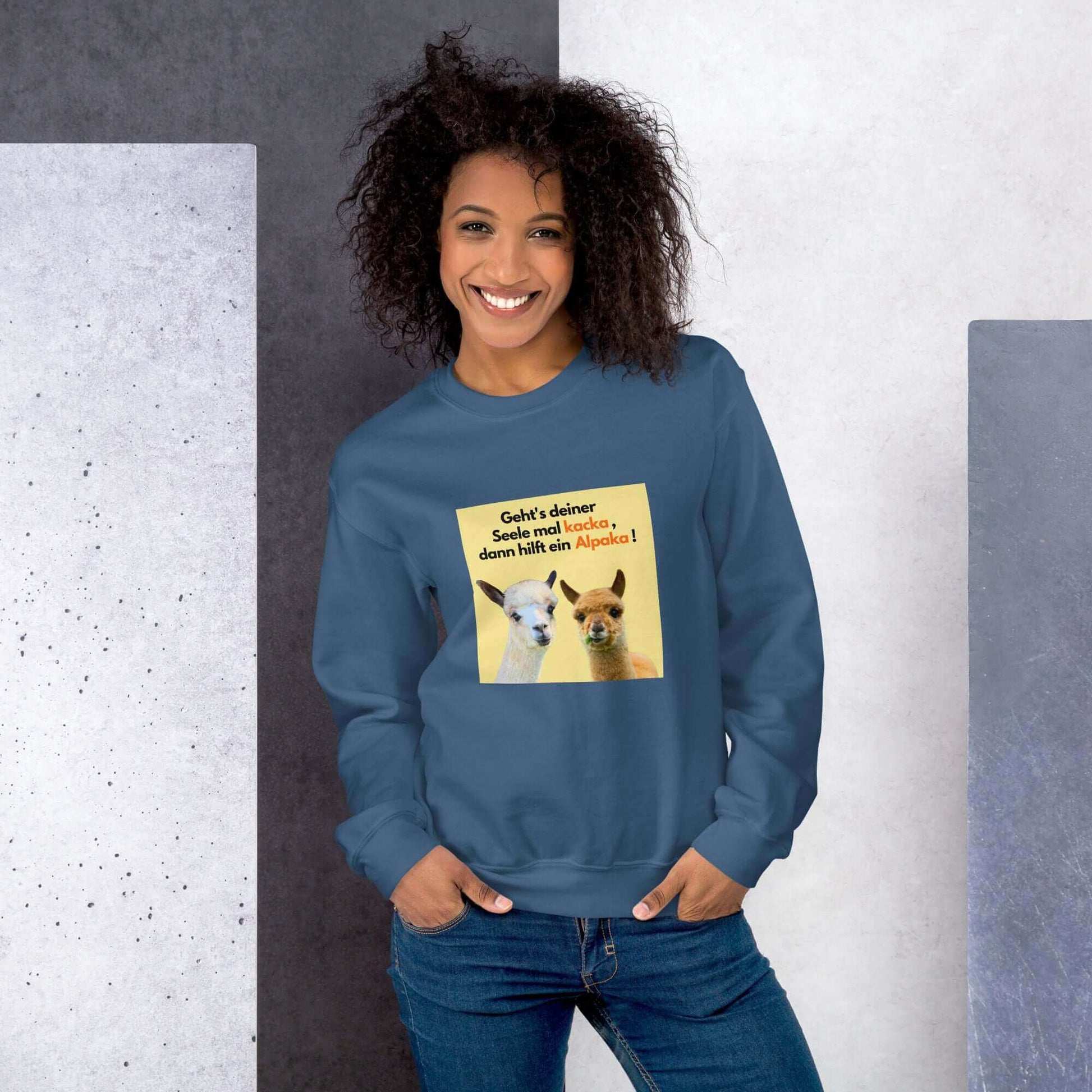 Humorvoller Alpaka-Pullover, Lotta und Greta beim Fressen, 20 % Spende für mentale Gesundheit, unisex