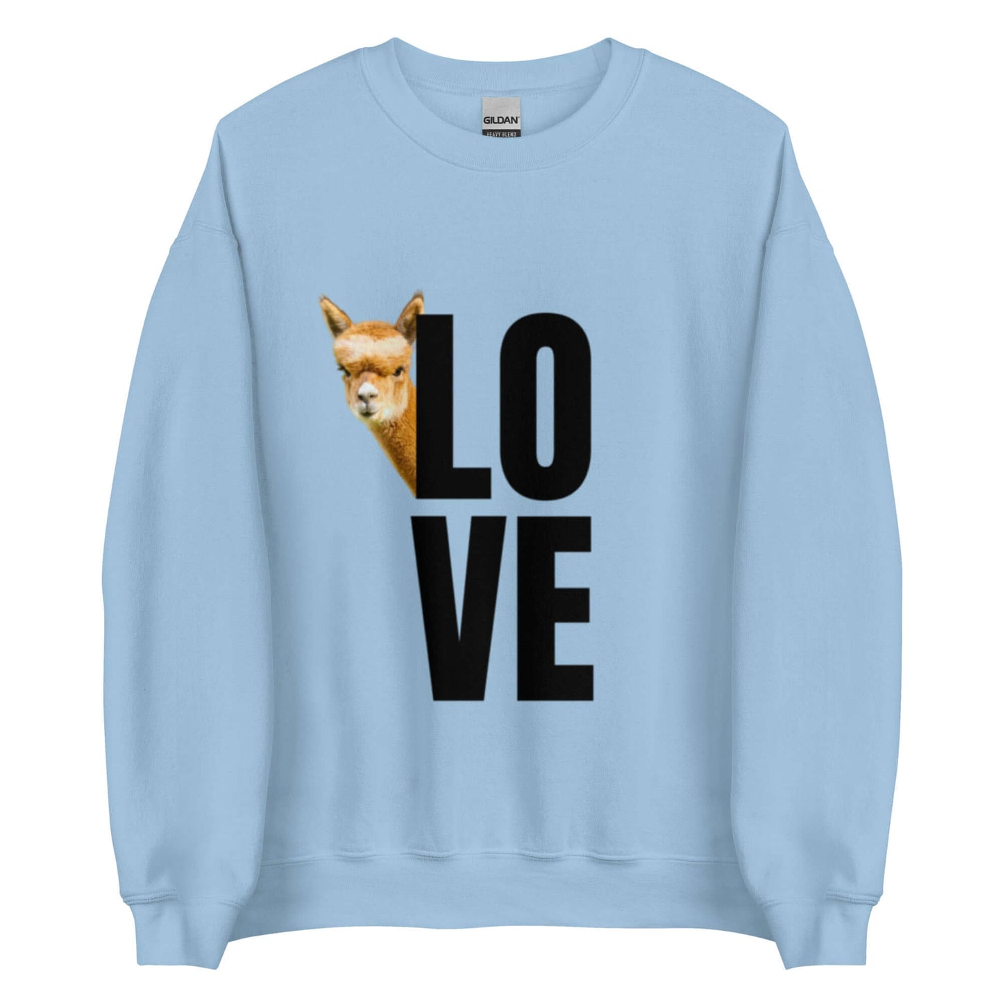 Alpaka Pullover LOVE mit neugierigem Alpaka Franzl und großem LOVE Print auf hellblauem Hintergrund.