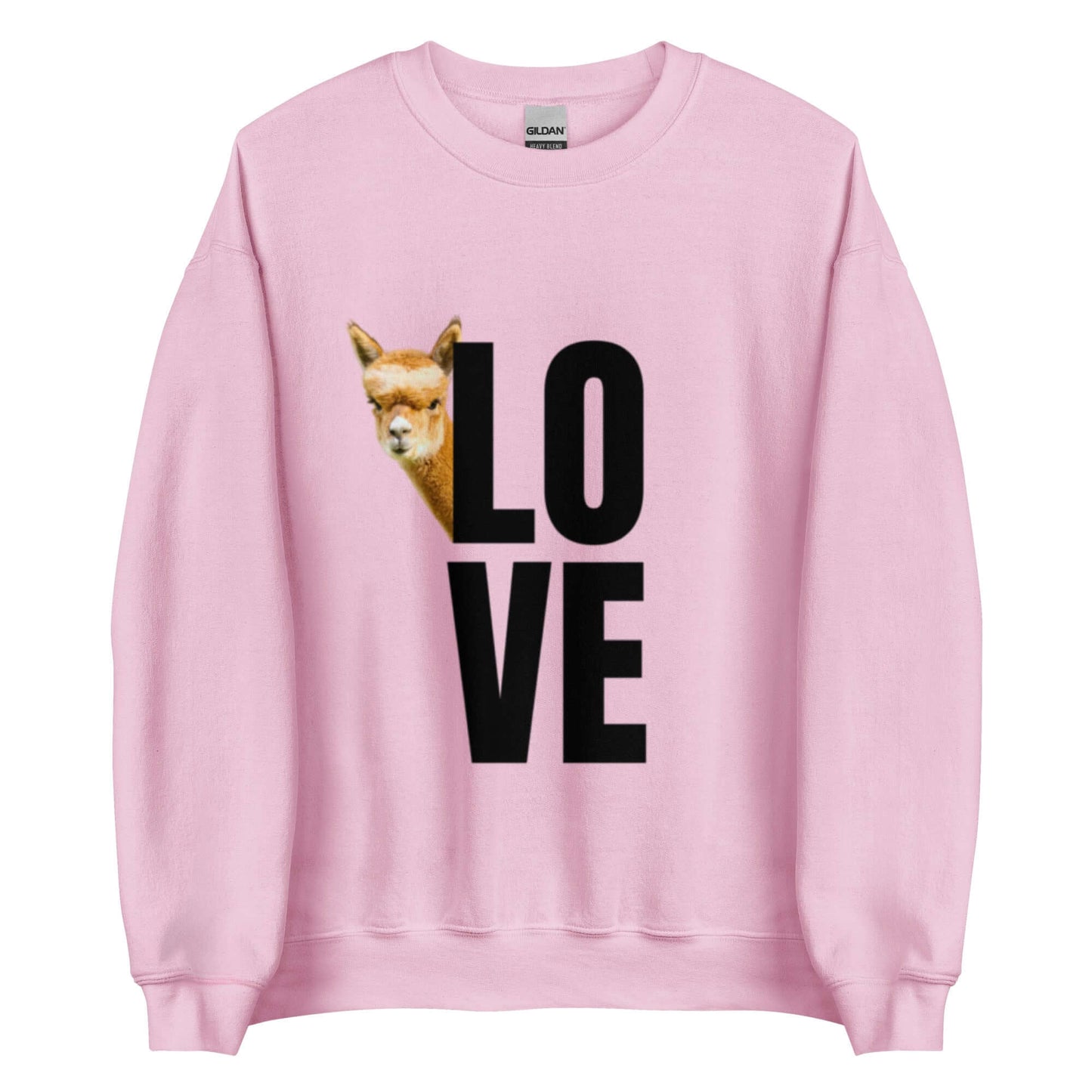 Rundhals-Pullover in Rosa mit Alpaka Franzl und „LOVE“ Print, perfekt für Alpaka Pullover LOVE Fans.