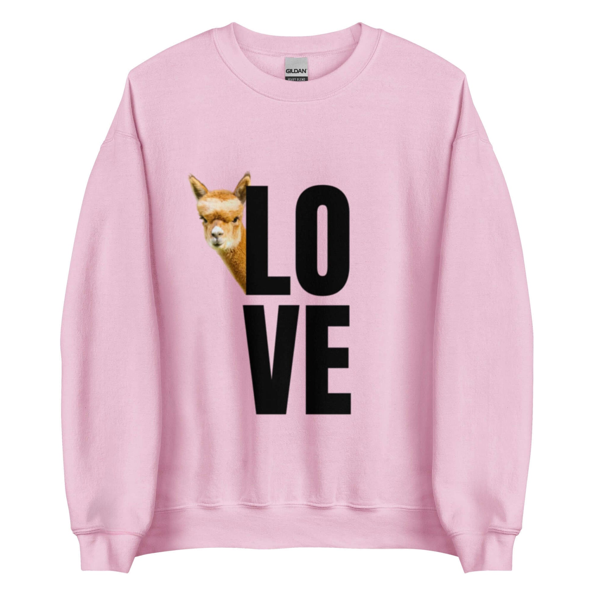 Rundhals-Pullover in Rosa mit Alpaka Franzl und „LOVE“ Print, perfekt für Alpaka Pullover LOVE Fans.