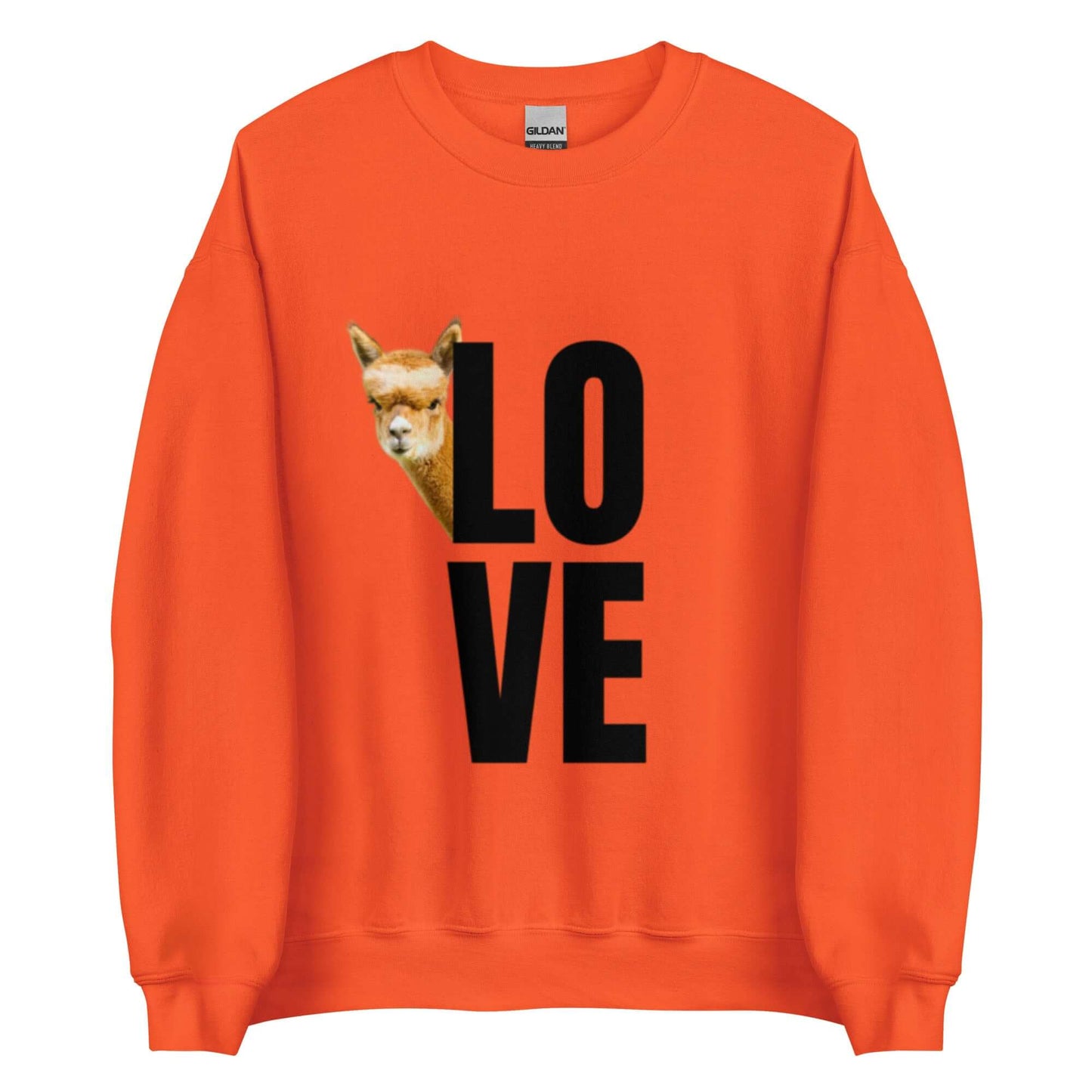 Alpaka Pullover LOVE in leuchtendem Orange mit Alpaka Franzl und großem "LOVE" Print