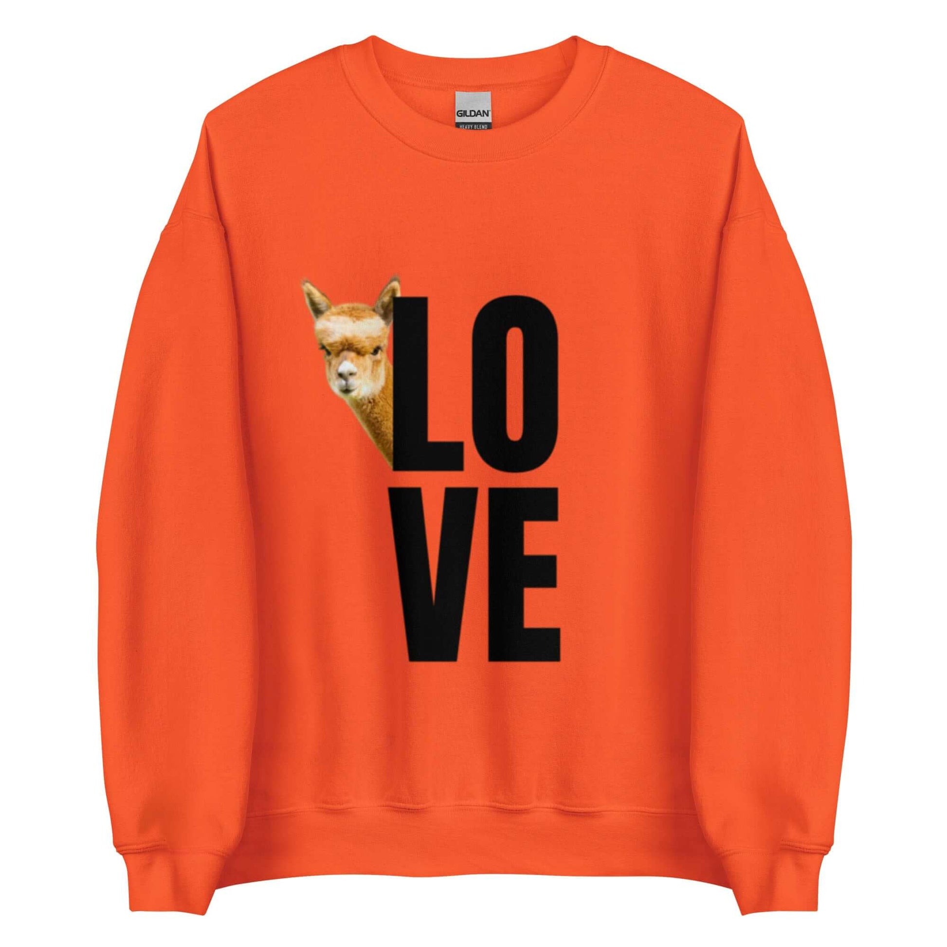 Alpaka Pullover LOVE in leuchtendem Orange mit Alpaka Franzl und großem "LOVE" Print