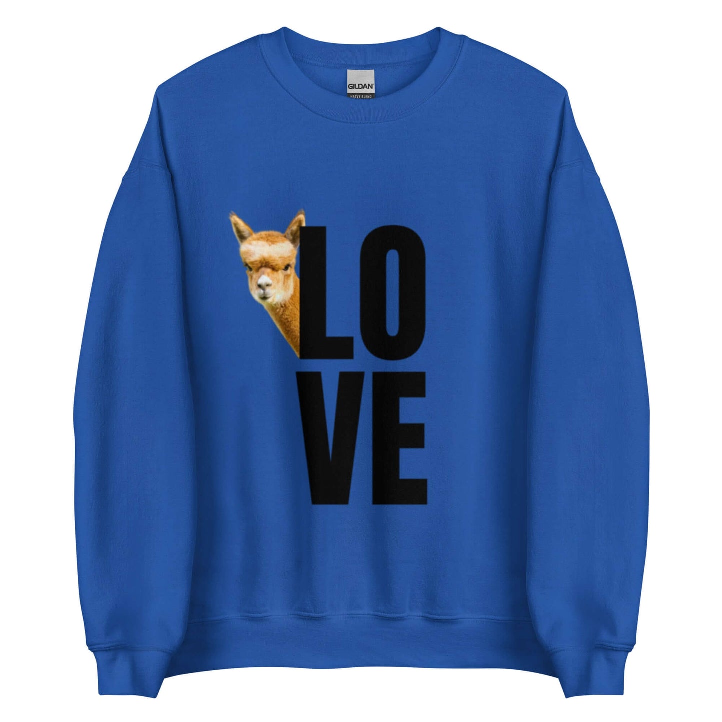 Rundhals-Pullover mit „LOVE“ Print & Alpaka Franzl, farbiger Sweater in Blau, Alpaka Pullover LOVE.