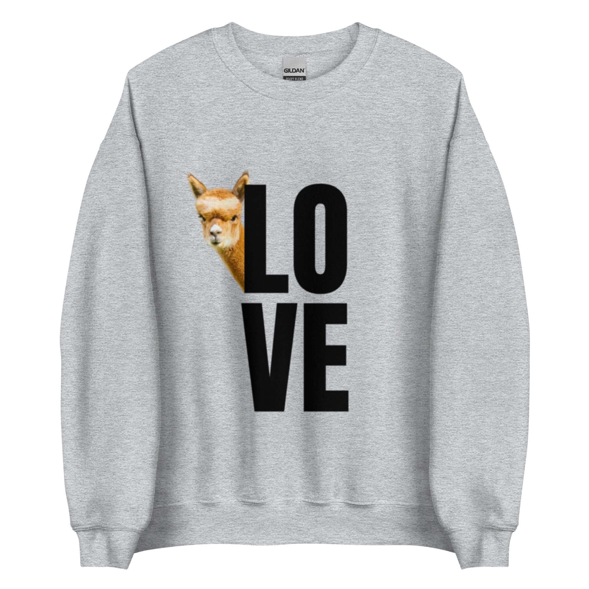 Alpaka Pullover LOVE mit einem neugierigen Alpaka Franzl und stilvollen schwarzen Buchstaben auf grauem Sweatshirt.