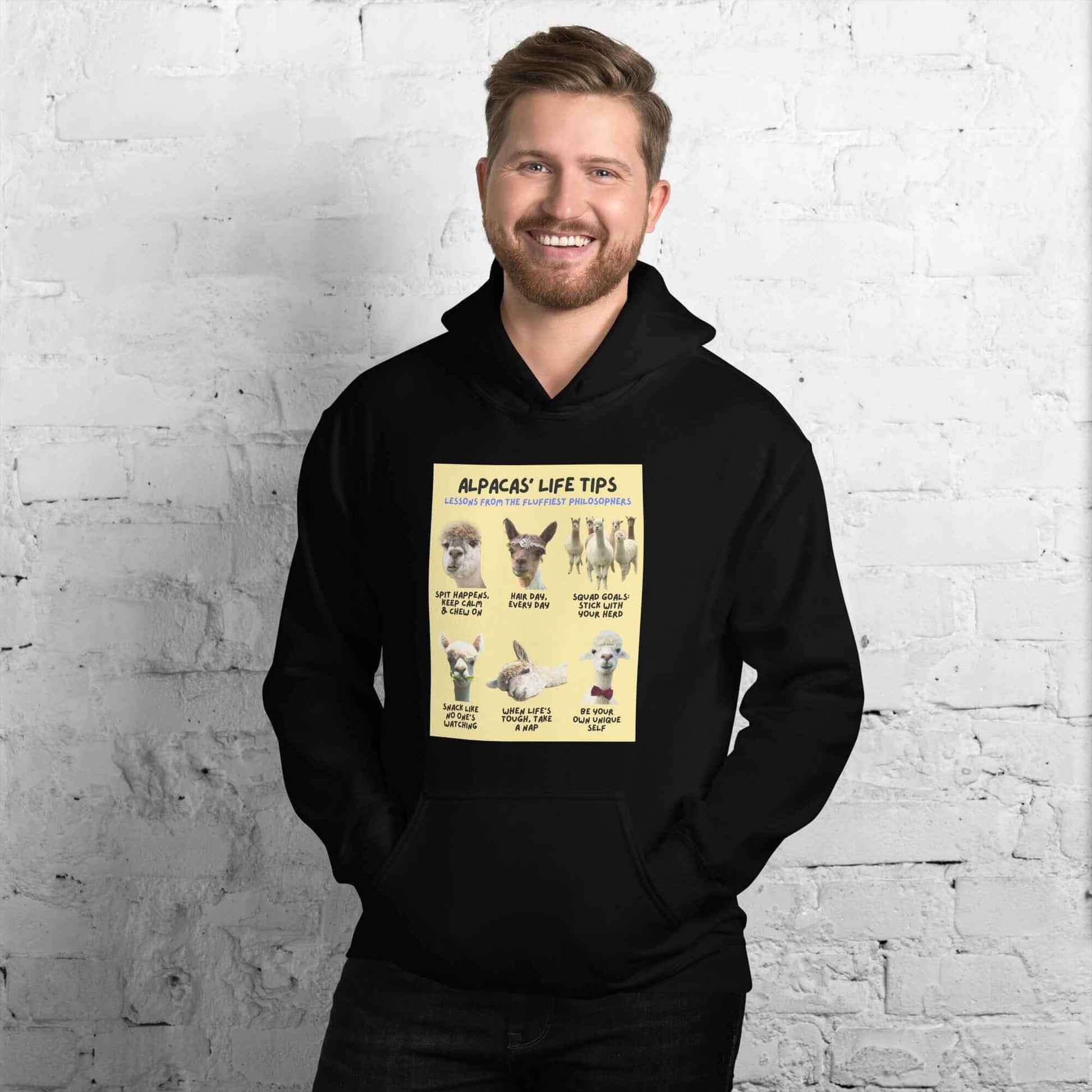 Alpaka Kapuzenpullover 'Alpacas' Life Tips' mit witzigem Spruch und Alpaka-Fotos, Unisex