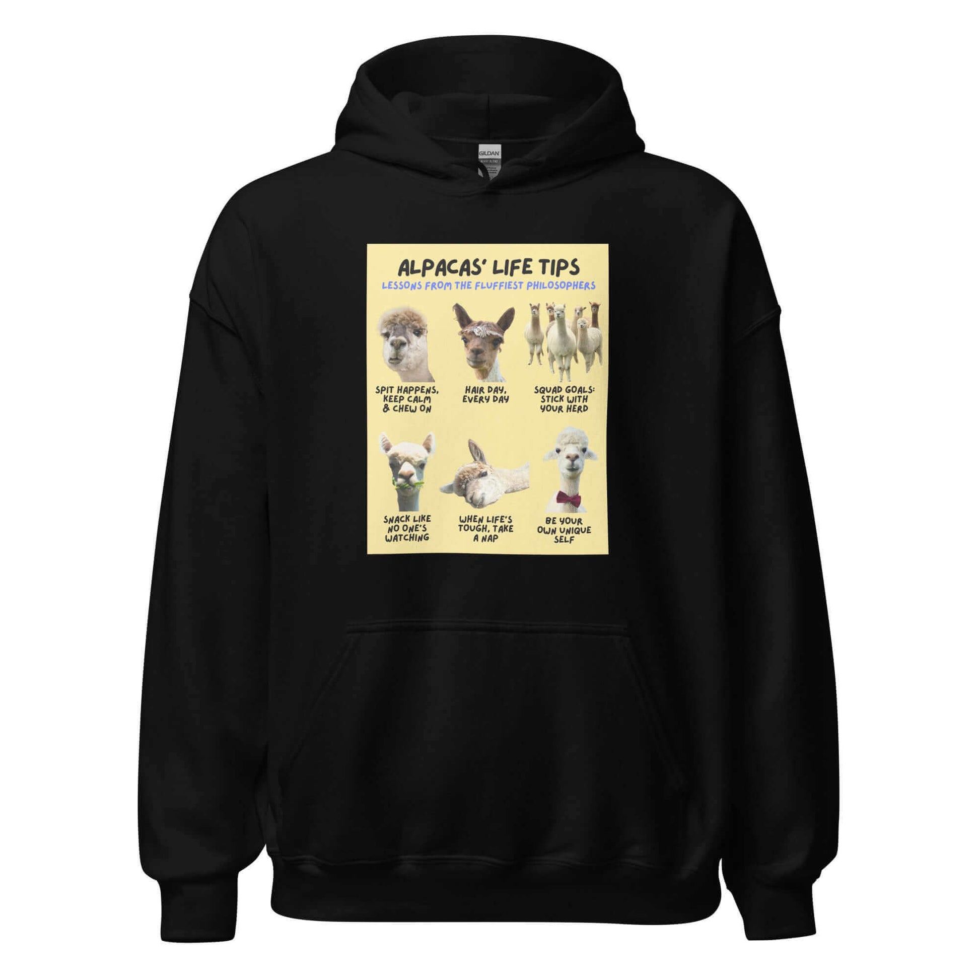 Unisex Hoodie mit süßem Alpaka-Motiv und humorvollen Lebensweisheiten, ideal für Alpaka-Fans