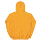 Rückansicht eines gelben Hoodies mit Kapuze, ideal für gemütliche Anlässe.