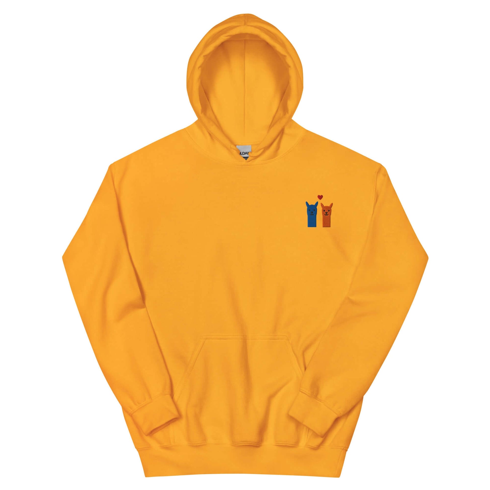 Niedlicher gelber Alpaka Hoodie mit Kapuze, besticktes Herz und zwei Alpakas im Emoji-Stil.