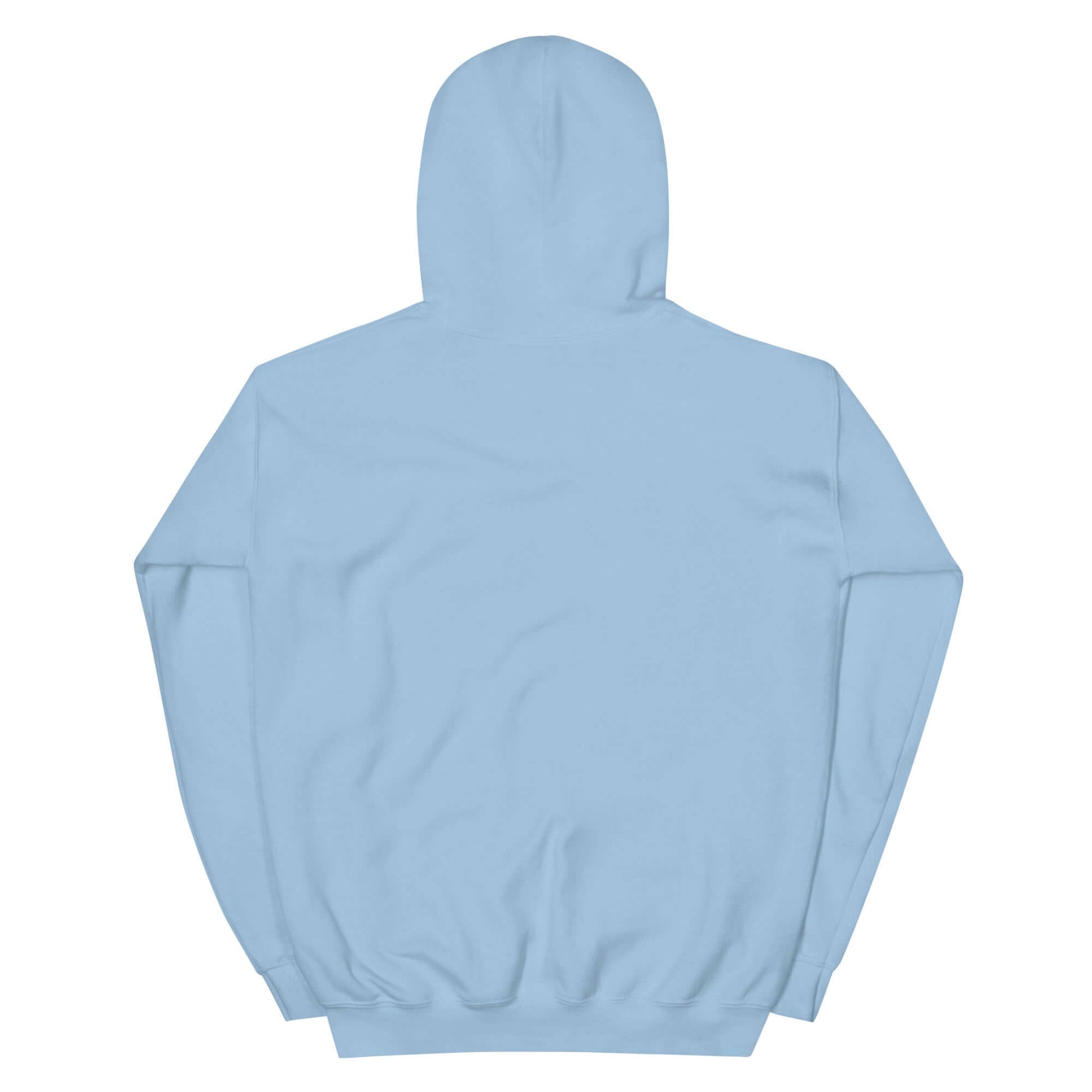 Rückansicht eines blauen Hoodies mit Kapuze, ideal für entspannte Outfits und gemütlichen Tragekomfort.