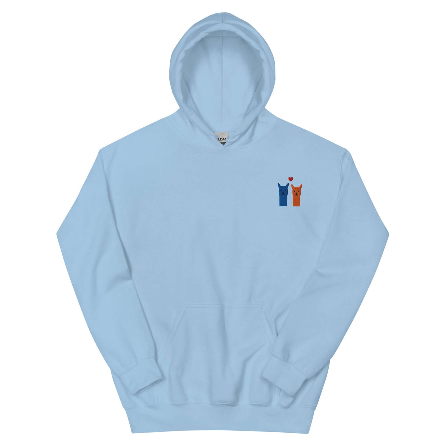 Niedlicher blauer Alpaka Hoodie mit Kapuze, besticktes Herz und zwei Alpakas.
