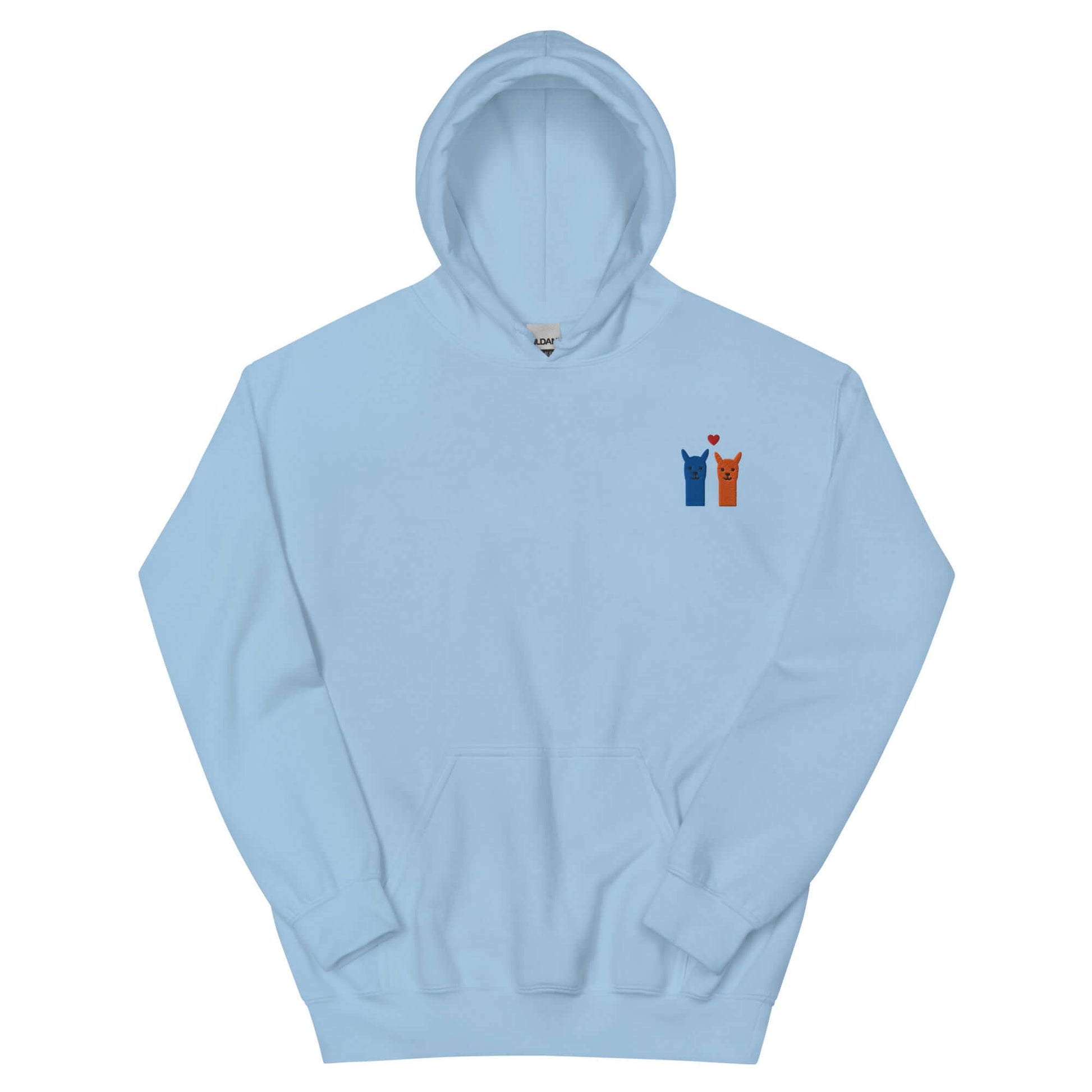 Niedlicher blauer Alpaka Hoodie mit Kapuze, besticktes Herz und zwei Alpakas.